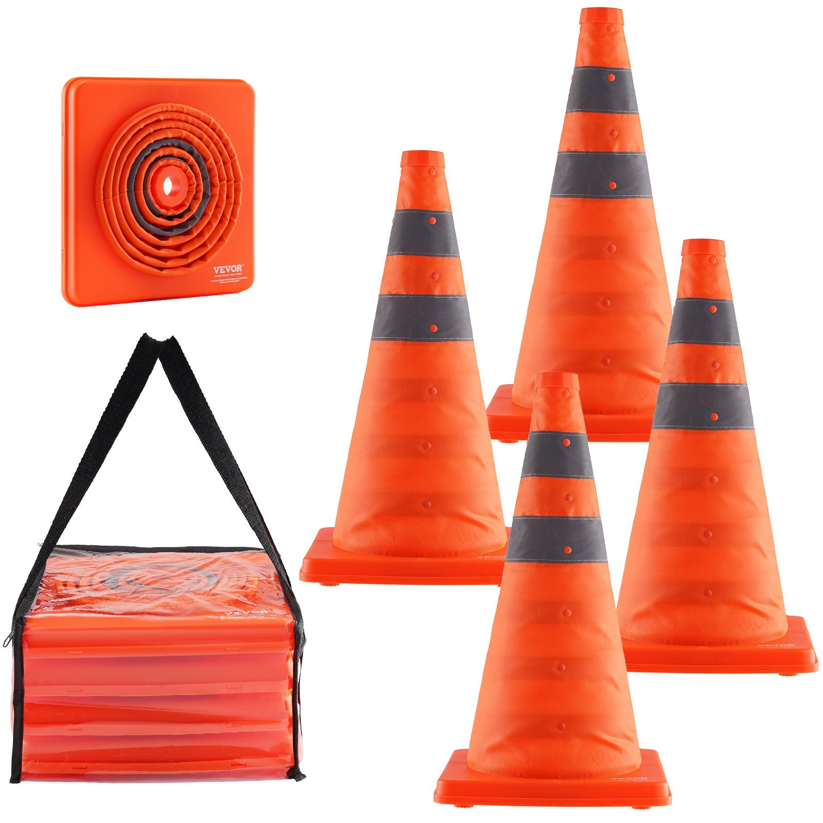 Automotive Decor: VEVOR Safety Cones, 4 Pack 18 inch Collapsible Traffic Cones, Construction Cones with Reflective Collars, Wide Base and A Storage Bag, for Traffic Control, Driving Training, Parking Lots