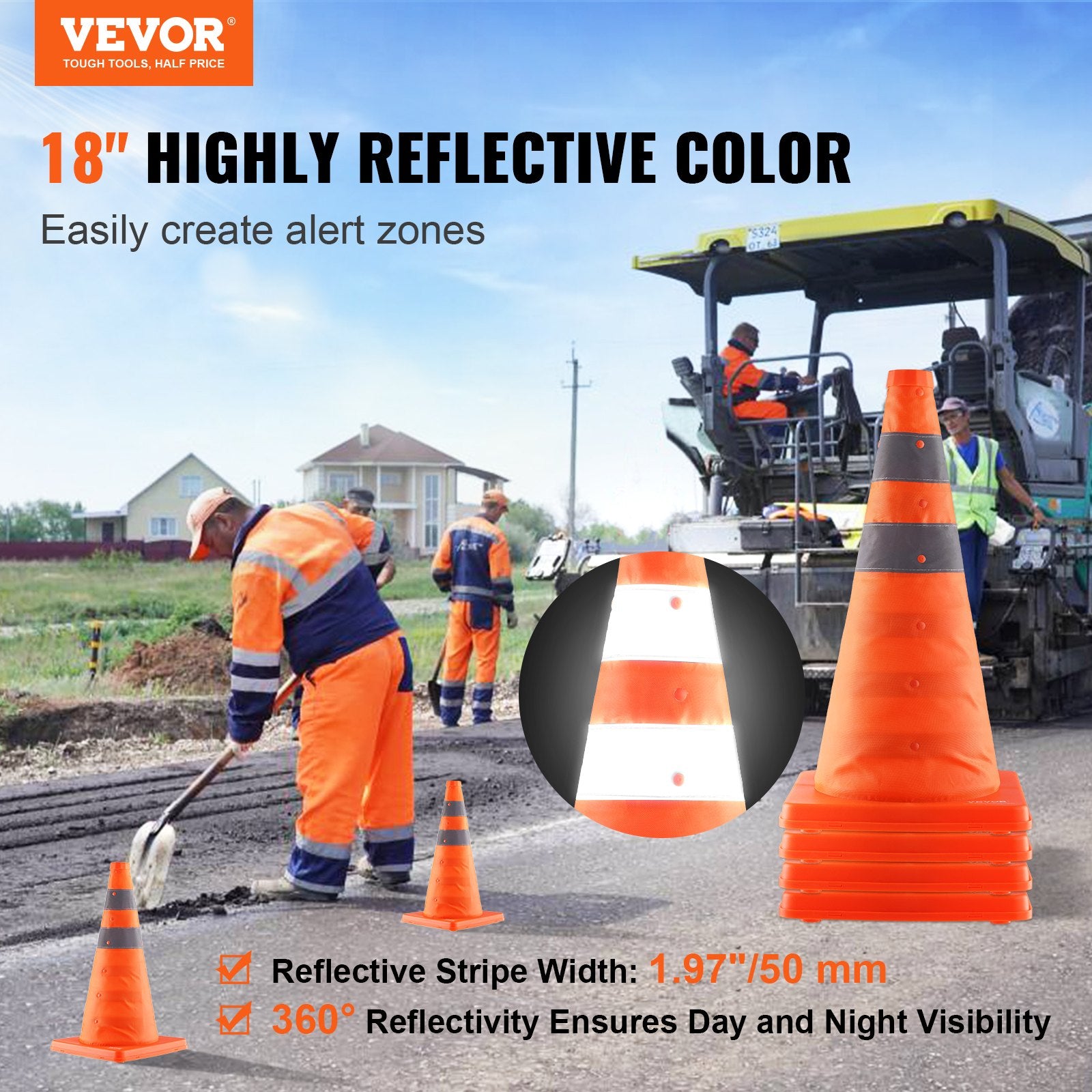 Automotive Decor: VEVOR Safety Cones, 4 Pack 18 inch Collapsible Traffic Cones, Construction Cones with Reflective Collars, Wide Base and A Storage Bag, for Traffic Control, Driving Training, Parking Lots