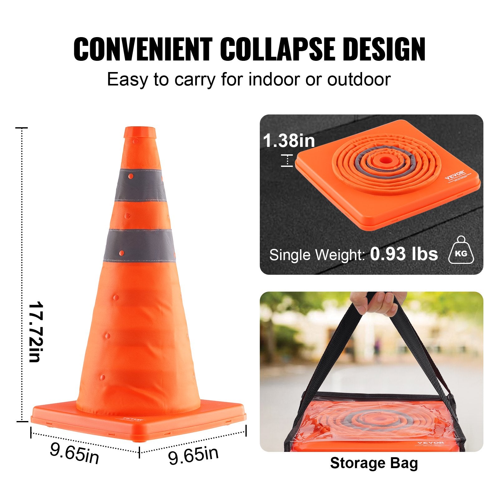 Automotive Decor: VEVOR Safety Cones, 4 Pack 18 inch Collapsible Traffic Cones, Construction Cones with Reflective Collars, Wide Base and A Storage Bag, for Traffic Control, Driving Training, Parking Lots