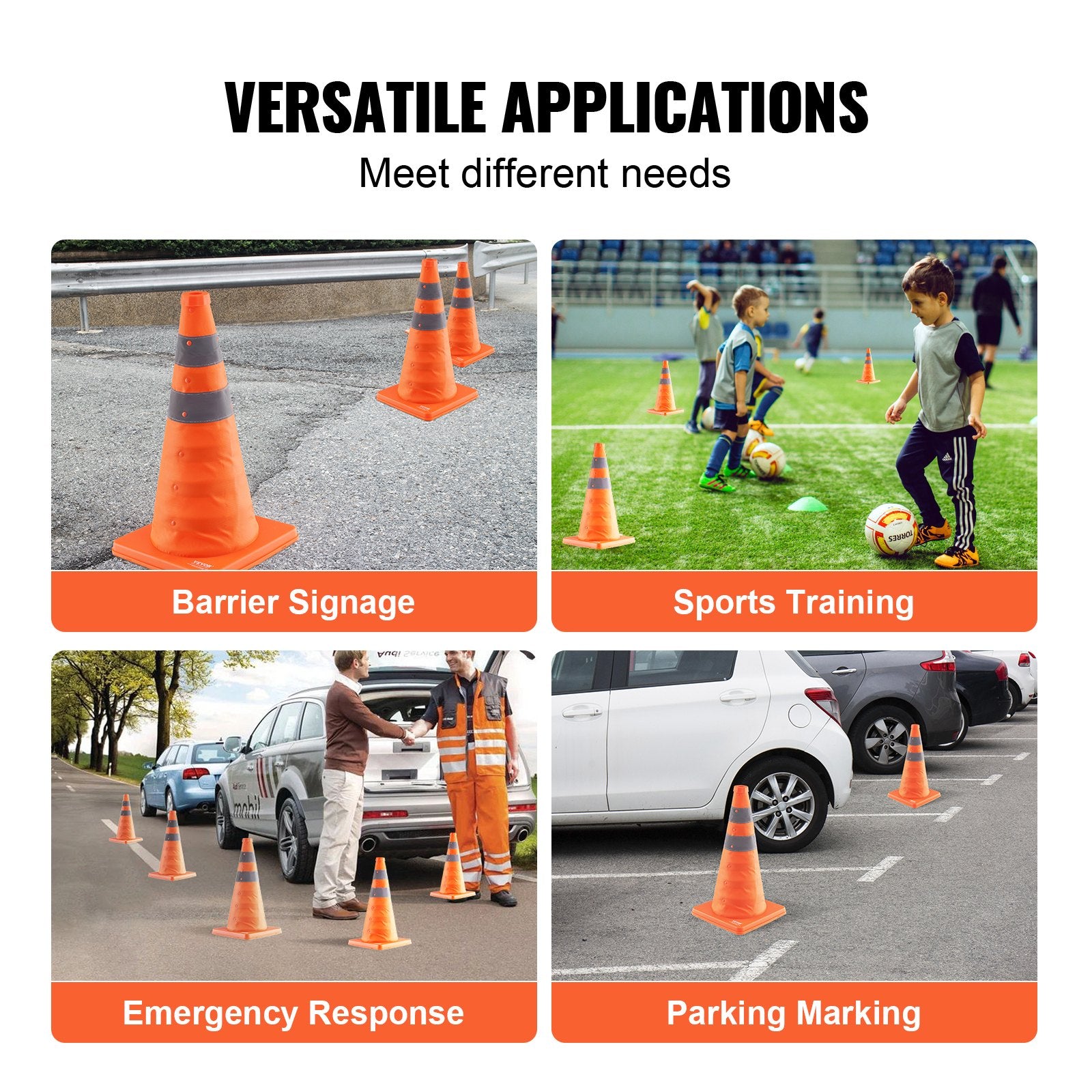 Automotive Decor: VEVOR Safety Cones, 4 Pack 18 inch Collapsible Traffic Cones, Construction Cones with Reflective Collars, Wide Base and A Storage Bag, for Traffic Control, Driving Training, Parking Lots