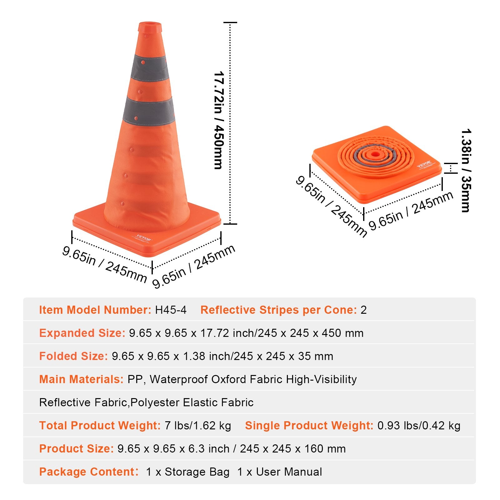 Automotive Decor: VEVOR Safety Cones, 4 Pack 18 inch Collapsible Traffic Cones, Construction Cones with Reflective Collars, Wide Base and A Storage Bag, for Traffic Control, Driving Training, Parking Lots