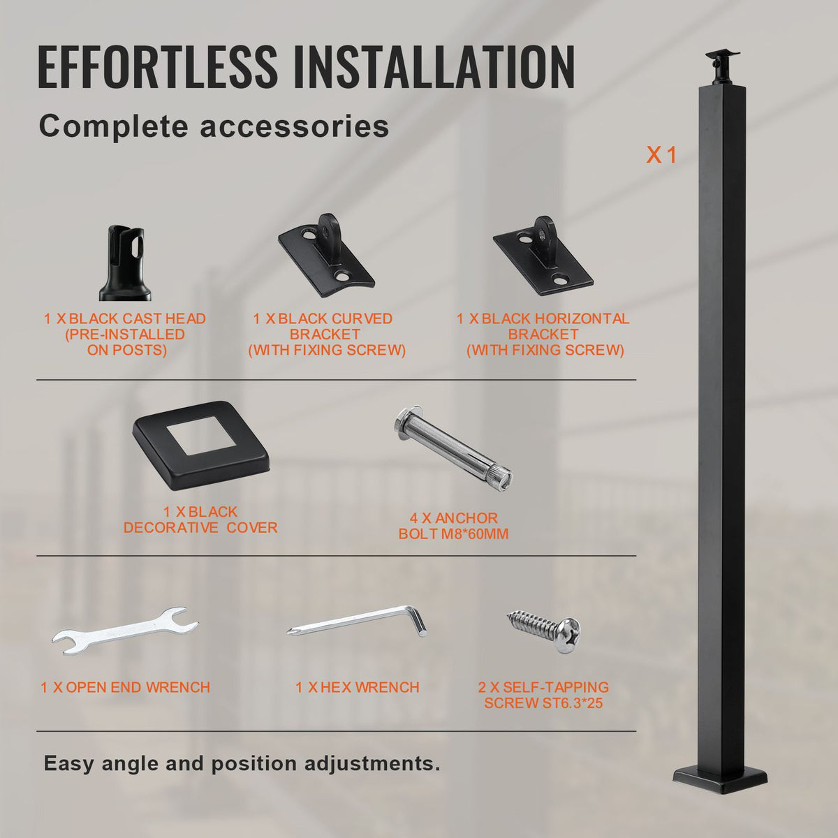 Cable Railing Post, 36" x 2" x 2" Steel Level Deck Railing Post Without Holes, SUS304 Stainless Steel Cable Rail Post, Stair Handrail Post with Horizontal and Curved Bracket, 1-Pack, Black