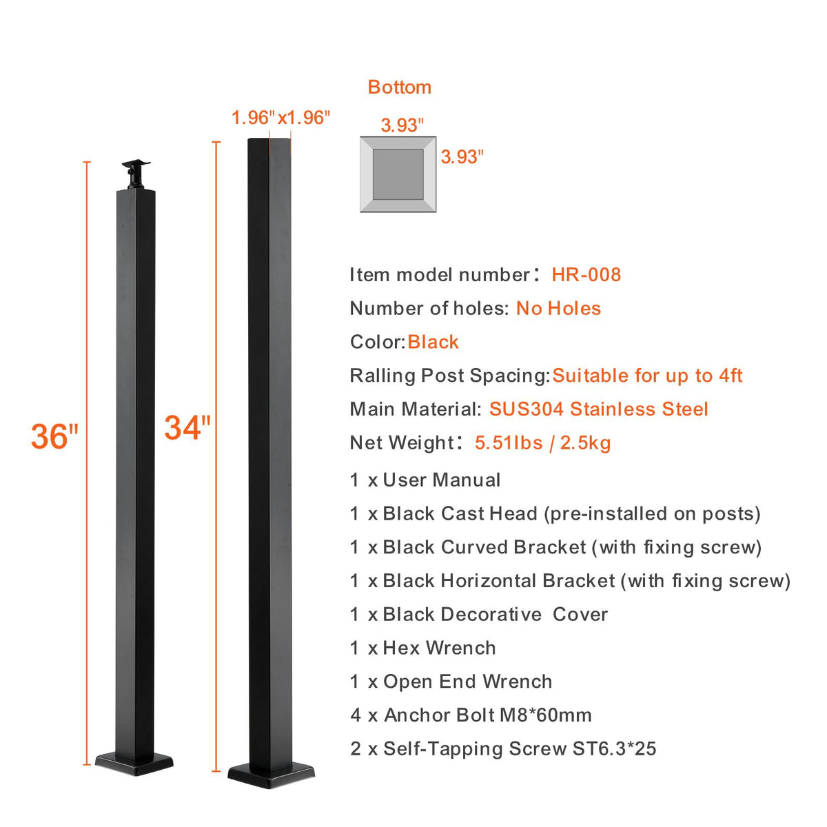 Cable Railing Post, 36" x 2" x 2" Steel Level Deck Railing Post Without Holes, SUS304 Stainless Steel Cable Rail Post, Stair Handrail Post with Horizontal and Curved Bracket, 1-Pack, Black