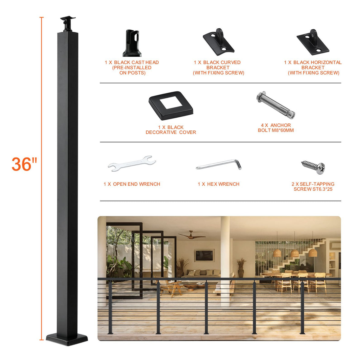 Cable Railing Post, 36" x 2" x 2" Steel Level Deck Railing Post Without Holes, SUS304 Stainless Steel Cable Rail Post, Stair Handrail Post with Horizontal and Curved Bracket, 1-Pack, Black