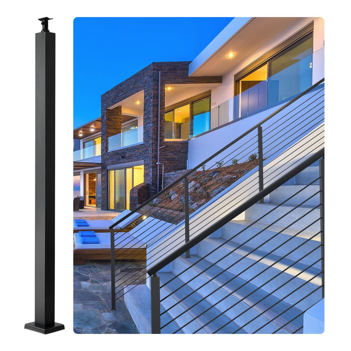 Cable Railing Post, 36" x 2" x 2" Steel Level Deck Railing Post Without Holes, SUS304 Stainless Steel Cable Rail Post, Stair Handrail Post with Horizontal and Curved Bracket, 1-Pack, Black