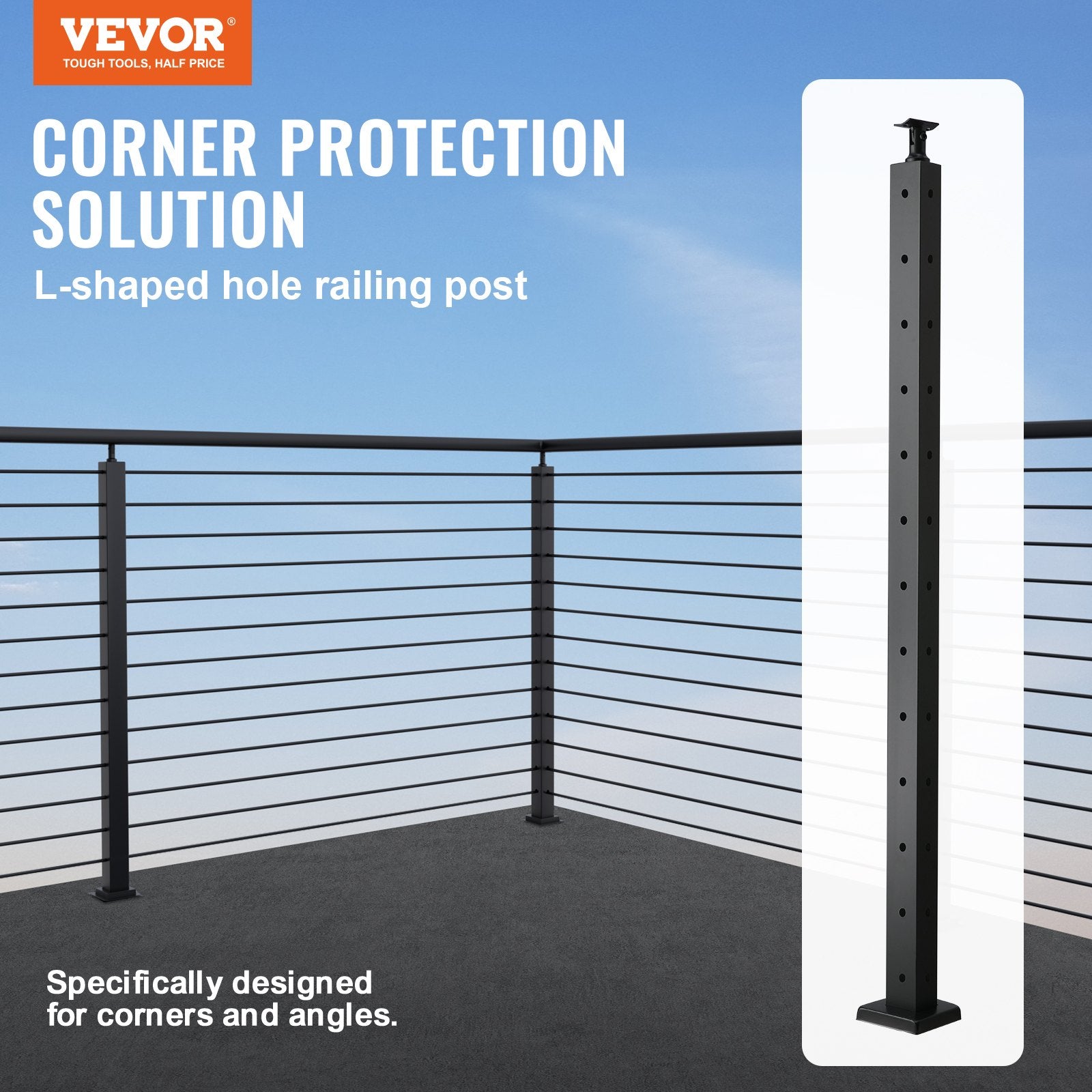 Automotive Repair & Speciality Tools: VEVOR Cable Railing Post, 42" x 1" x 2" Steel L-Shaped Hole Corner Railing Post, 12 Pre-Drilled Holes, SUS304 Stainless Steel Cable Rail Post with Horizontal and Curved Bracket, 1-Pack, Black, 106.7*2.5*5 cm
