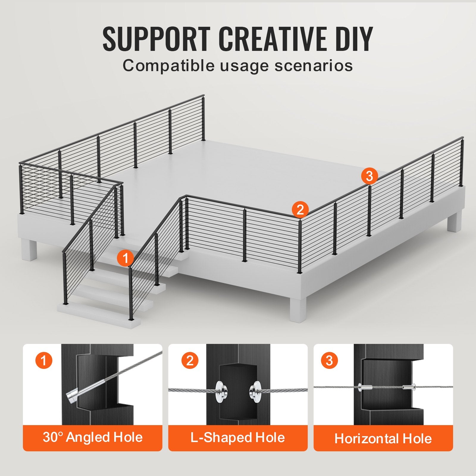 Automotive Repair & Speciality Tools: VEVOR Cable Railing Post, 42" x 1" x 2" Steel L-Shaped Hole Corner Railing Post, 12 Pre-Drilled Holes, SUS304 Stainless Steel Cable Rail Post with Horizontal and Curved Bracket, 1-Pack, Black, 106.7*2.5*5 cm