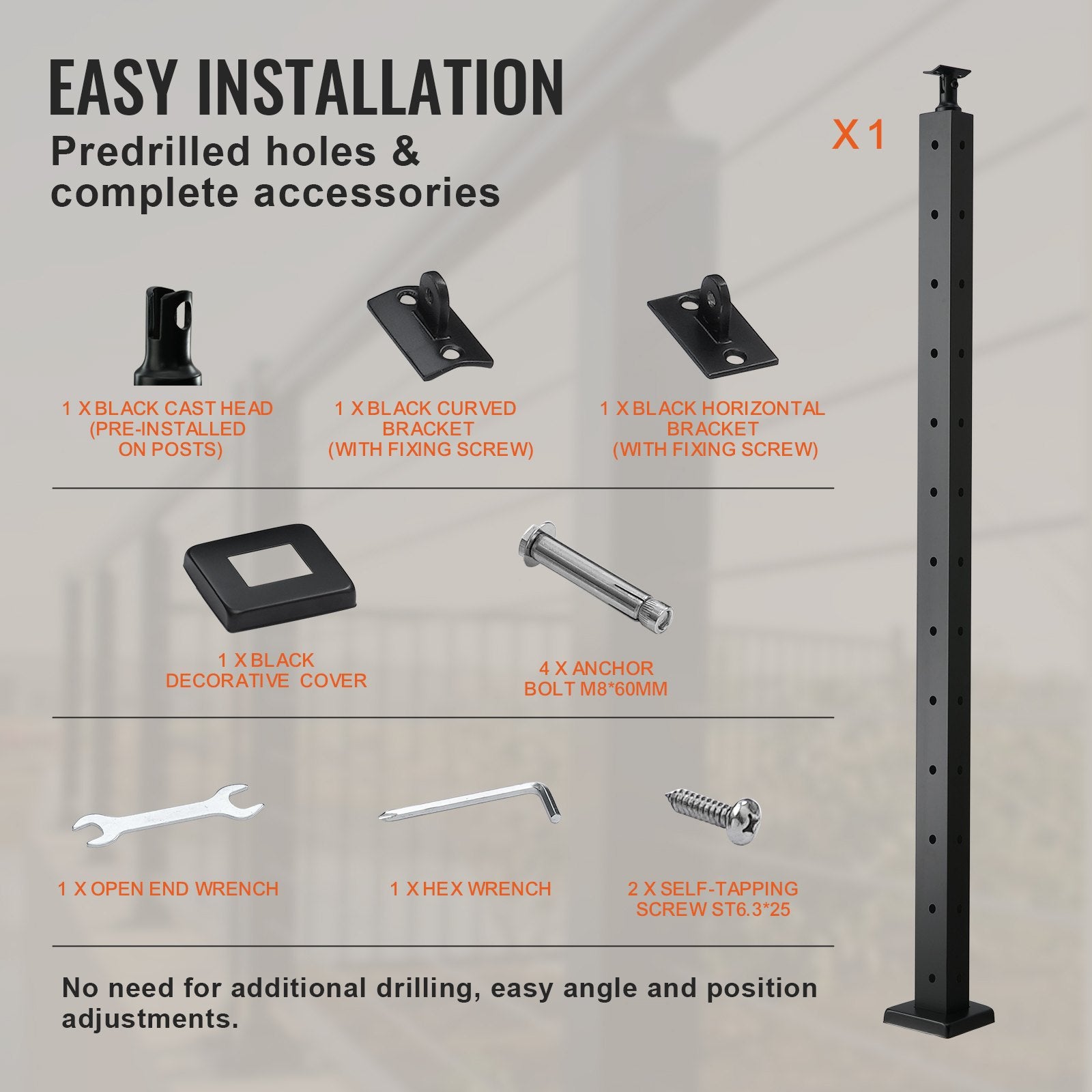 Automotive Repair & Speciality Tools: VEVOR Cable Railing Post, 42" x 1" x 2" Steel L-Shaped Hole Corner Railing Post, 12 Pre-Drilled Holes, SUS304 Stainless Steel Cable Rail Post with Horizontal and Curved Bracket, 1-Pack, Black, 106.7*2.5*5 cm