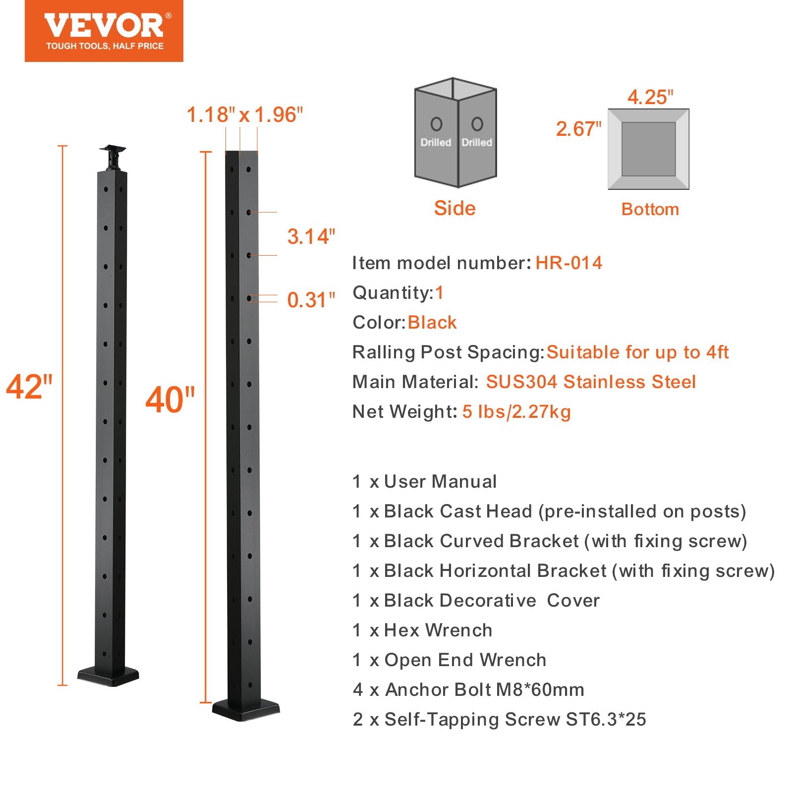 Automotive Repair & Speciality Tools: VEVOR Cable Railing Post, 42" x 1" x 2" Steel L-Shaped Hole Corner Railing Post, 12 Pre-Drilled Holes, SUS304 Stainless Steel Cable Rail Post with Horizontal and Curved Bracket, 1-Pack, Black, 106.7*2.5*5 cm