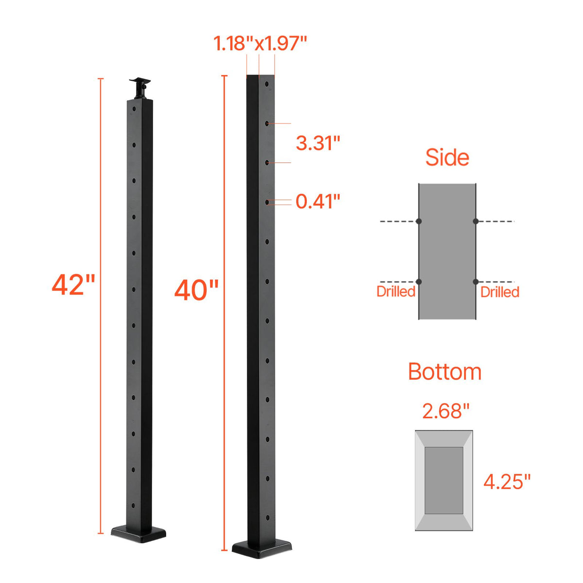 Cable Railing Post, 106.7x2.5x5 cm Level Deck Stair Posts, 1-Pack Stainless Steel Cable Handrail Post, Pre-Drilled Pickets with Mounting Bracket Stair Railing Kit, Black, 1JZLGZXHS1063GGTD001V0