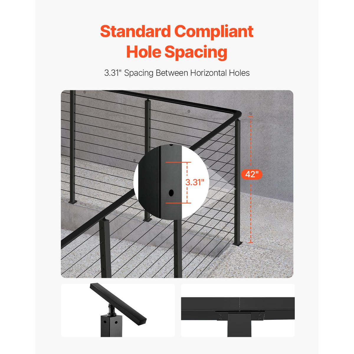 Cable Railing Post, 106.7x5x5cm Corner Railing Post, with L-Shaped Pre-Drilled Holes, Stainless Steel Cable Rail Post with Horizontal and Curved Bracket, 1-Pack, Black, 1JZLGZXHS1065S1EW001V0