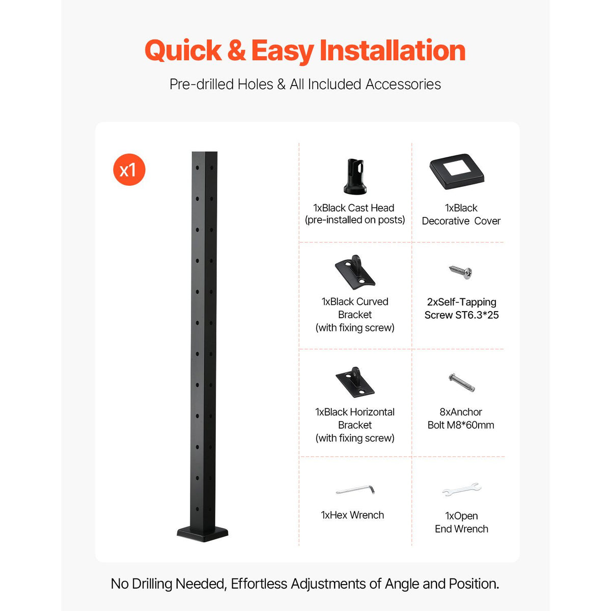 Cable Railing Post, 106.7x5x5cm Corner Railing Post, with L-Shaped Pre-Drilled Holes, Stainless Steel Cable Rail Post with Horizontal and Curved Bracket, 1-Pack, Black, 1JZLGZXHS1065S1EW001V0