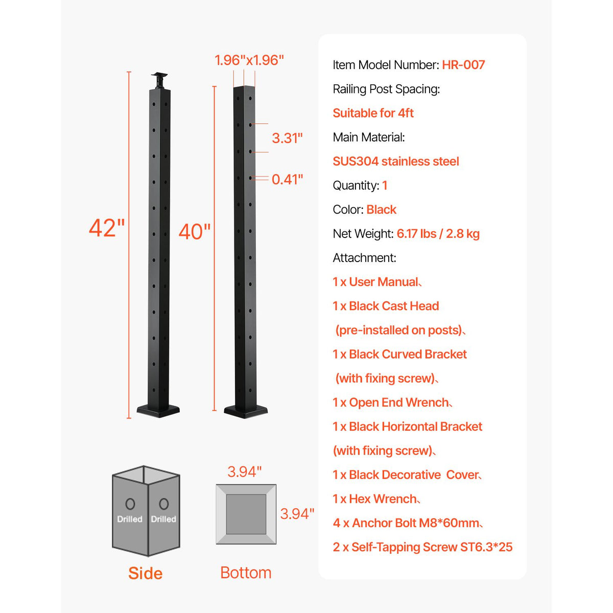 Cable Railing Post, 106.7x5x5cm Corner Railing Post, with L-Shaped Pre-Drilled Holes, Stainless Steel Cable Rail Post with Horizontal and Curved Bracket, 1-Pack, Black, 1JZLGZXHS1065S1EW001V0