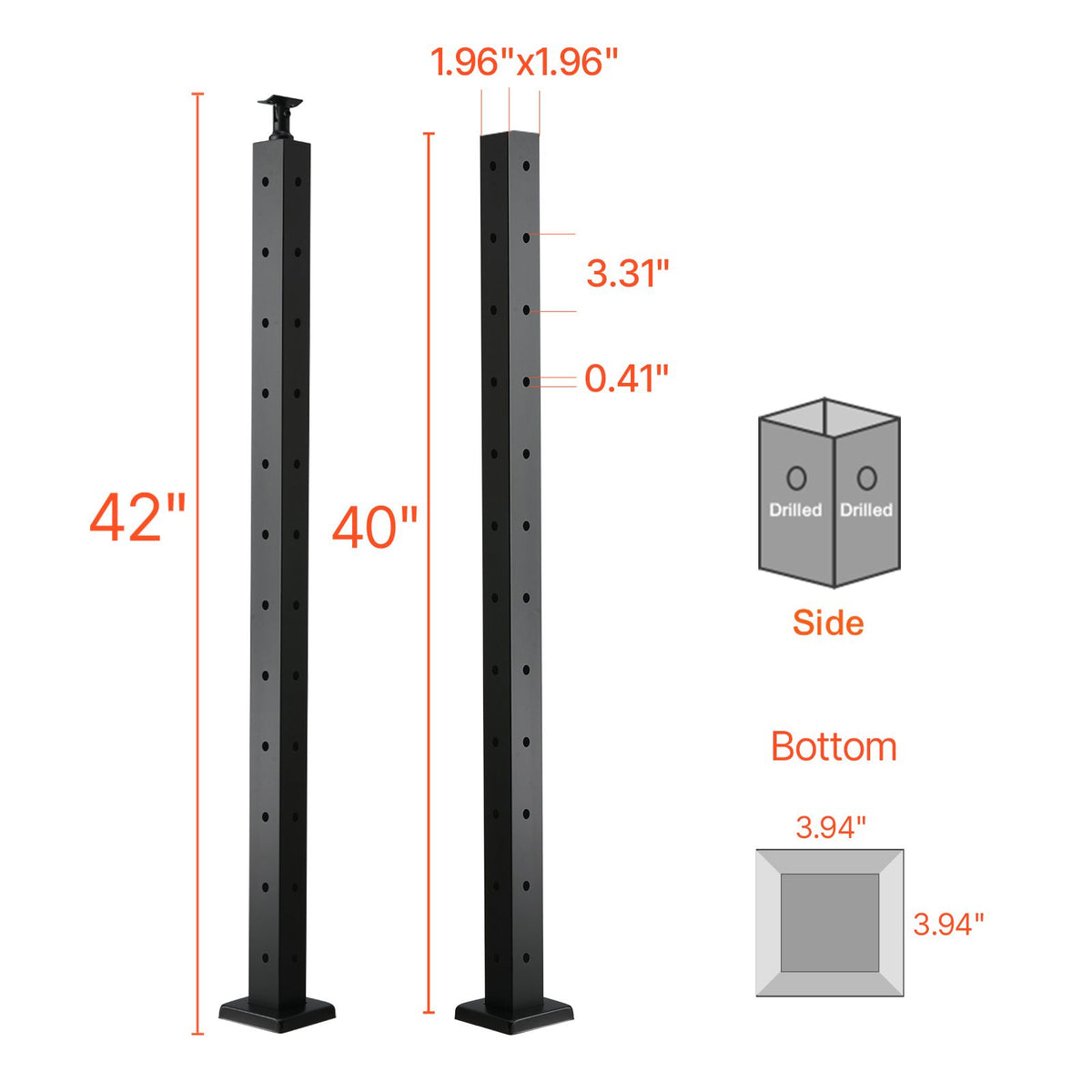 Cable Railing Post, 106.7x5x5cm Corner Railing Post, with L-Shaped Pre-Drilled Holes, Stainless Steel Cable Rail Post with Horizontal and Curved Bracket, 1-Pack, Black, 1JZLGZXHS1065S1EW001V0