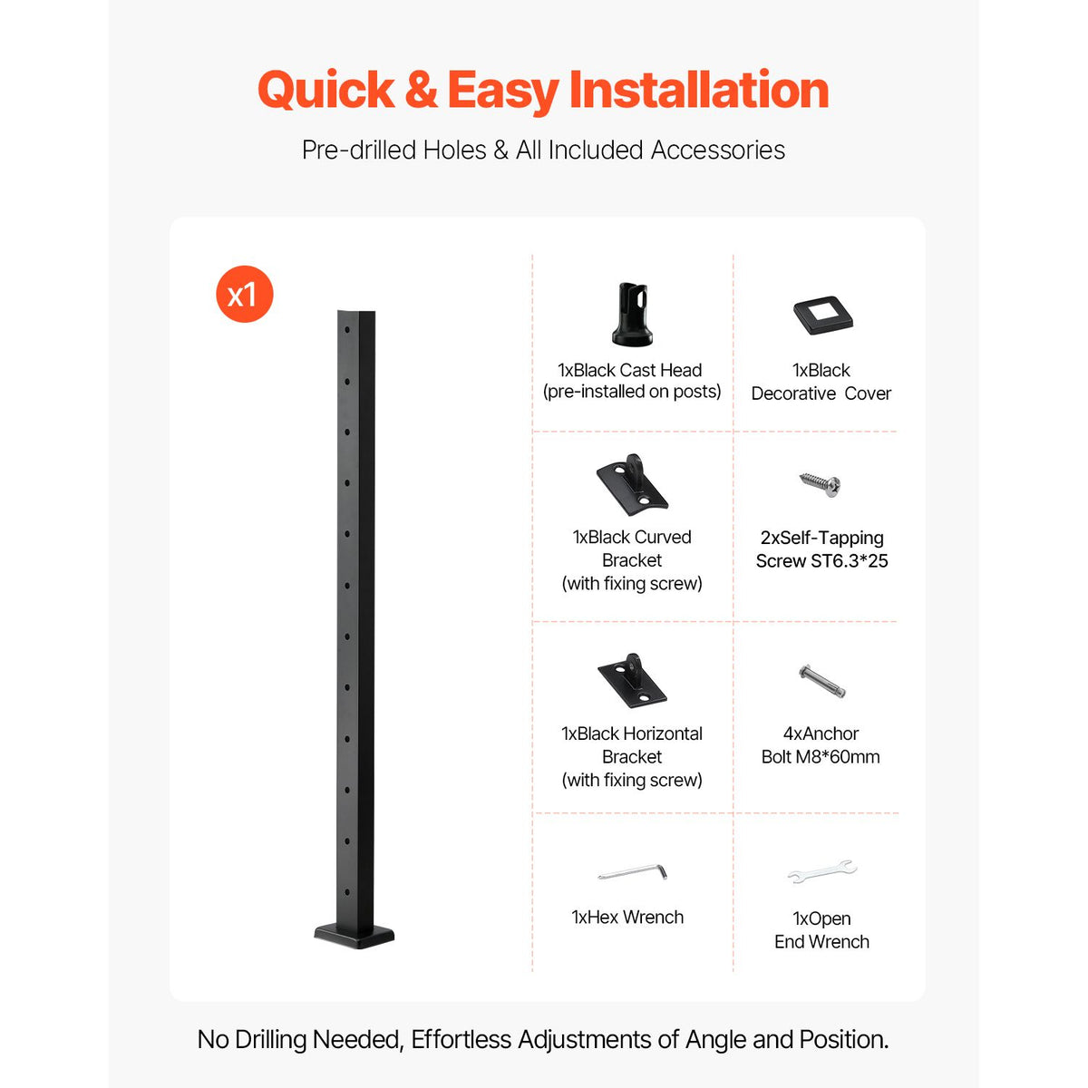 Cable Railing Post, 106.7x5x5cm Level Deck Stair Posts, 1-Pack Stainless Steel Cable Handrail Post, Pre-Drilled Pickets with Mounting Bracket Stair Railing Kit, Black, 1JZLGZXHS106AWJO6001V0