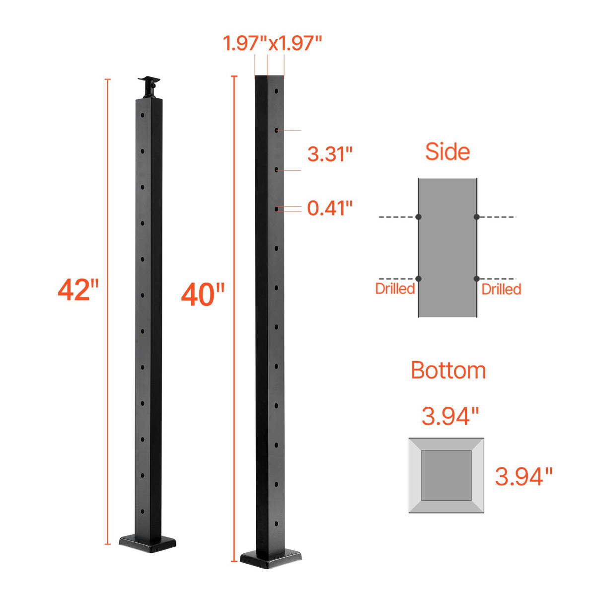 Cable Railing Post, 106.7x5x5cm Level Deck Stair Posts, 1-Pack Stainless Steel Cable Handrail Post, Pre-Drilled Pickets with Mounting Bracket Stair Railing Kit, Black, 1JZLGZXHS106AWJO6001V0