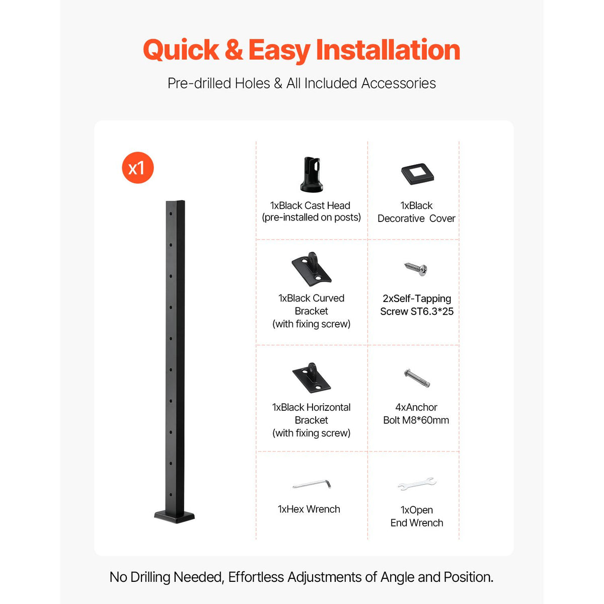 1-Pack Cable Railing Post, 91.4x5x5cm Horizontal-Hole Deck Railing Post with Pre-Drilled Holes, Stainless Steel Cable Rail Post with Horizontal and Curved Bracket, Black, 1JZLGZXHS9148RVYS001V0
