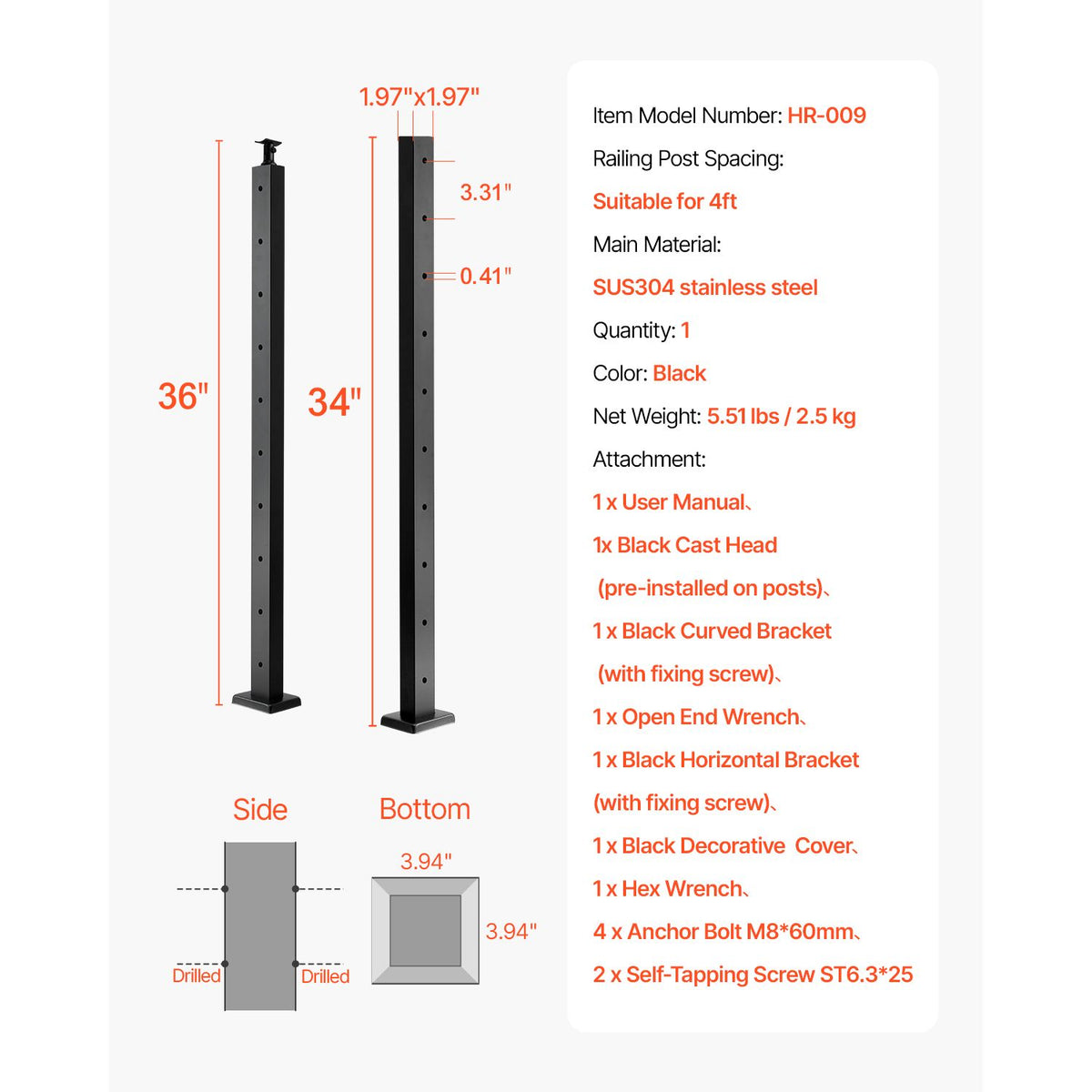 1-Pack Cable Railing Post, 91.4x5x5cm Horizontal-Hole Deck Railing Post with Pre-Drilled Holes, Stainless Steel Cable Rail Post with Horizontal and Curved Bracket, Black, 1JZLGZXHS9148RVYS001V0