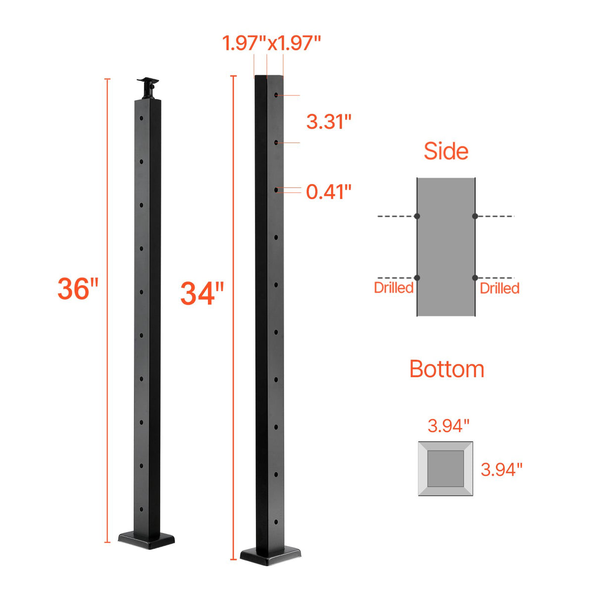 1-Pack Cable Railing Post, 91.4x5x5cm Horizontal-Hole Deck Railing Post with Pre-Drilled Holes, Stainless Steel Cable Rail Post with Horizontal and Curved Bracket, Black, 1JZLGZXHS9148RVYS001V0