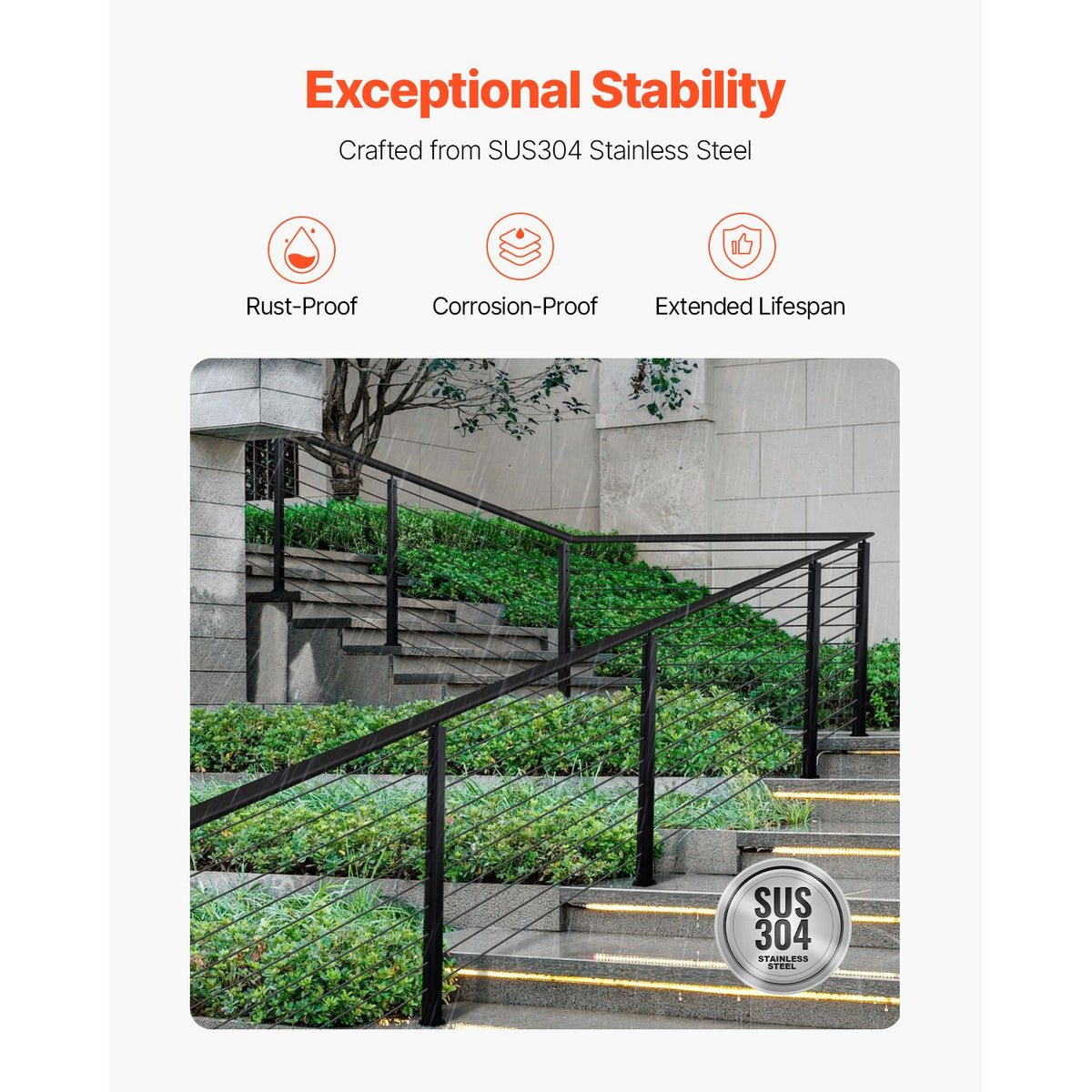 Cable Railing Post, 36x2x2 Inch Stair Railing Post, with Pre-Drilled 30° Angled Holes, Stainless Steel Cable Rail Post with Horizontal and Curved Bracket, 1-Pack, Black, 1JZLGZXHS914YIVIS001V0