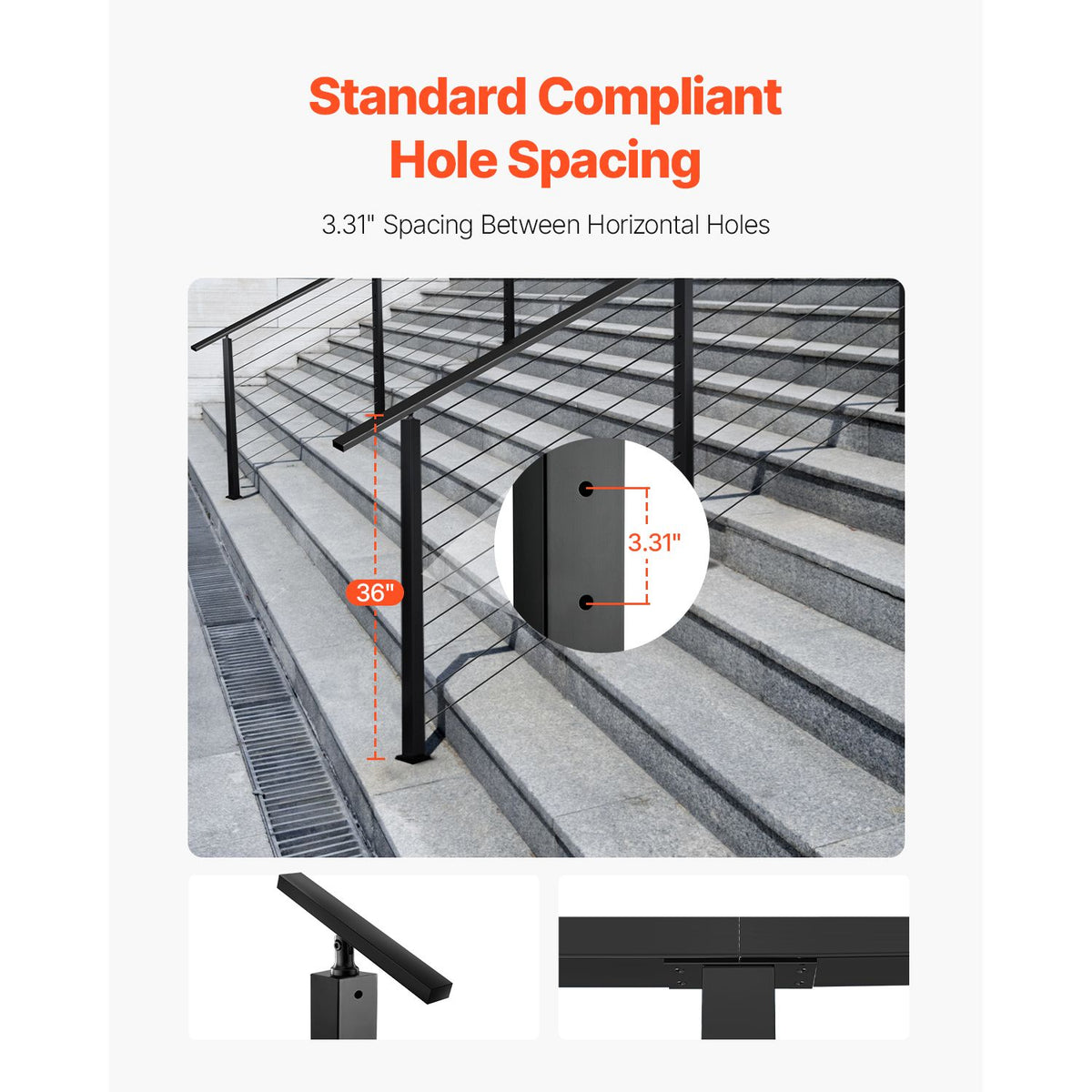 Cable Railing Post, 36x2x2 Inch Stair Railing Post, with Pre-Drilled 30° Angled Holes, Stainless Steel Cable Rail Post with Horizontal and Curved Bracket, 1-Pack, Black, 1JZLGZXHS914YIVIS001V0