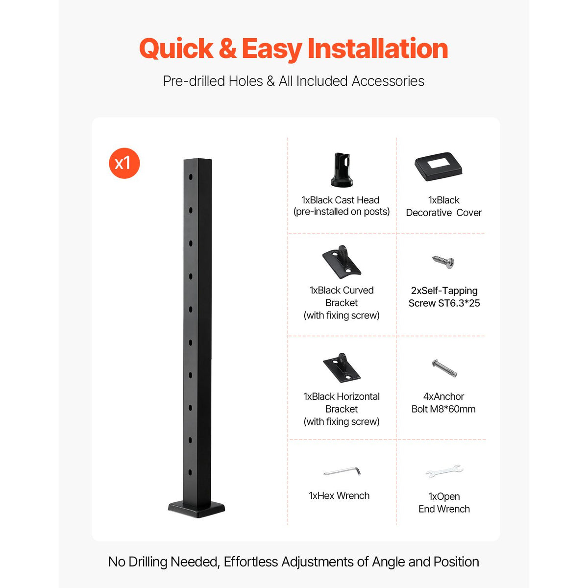 Cable Railing Post, 36x2x2 Inch Stair Railing Post, with Pre-Drilled 30° Angled Holes, Stainless Steel Cable Rail Post with Horizontal and Curved Bracket, 1-Pack, Black, 1JZLGZXHS914YIVIS001V0