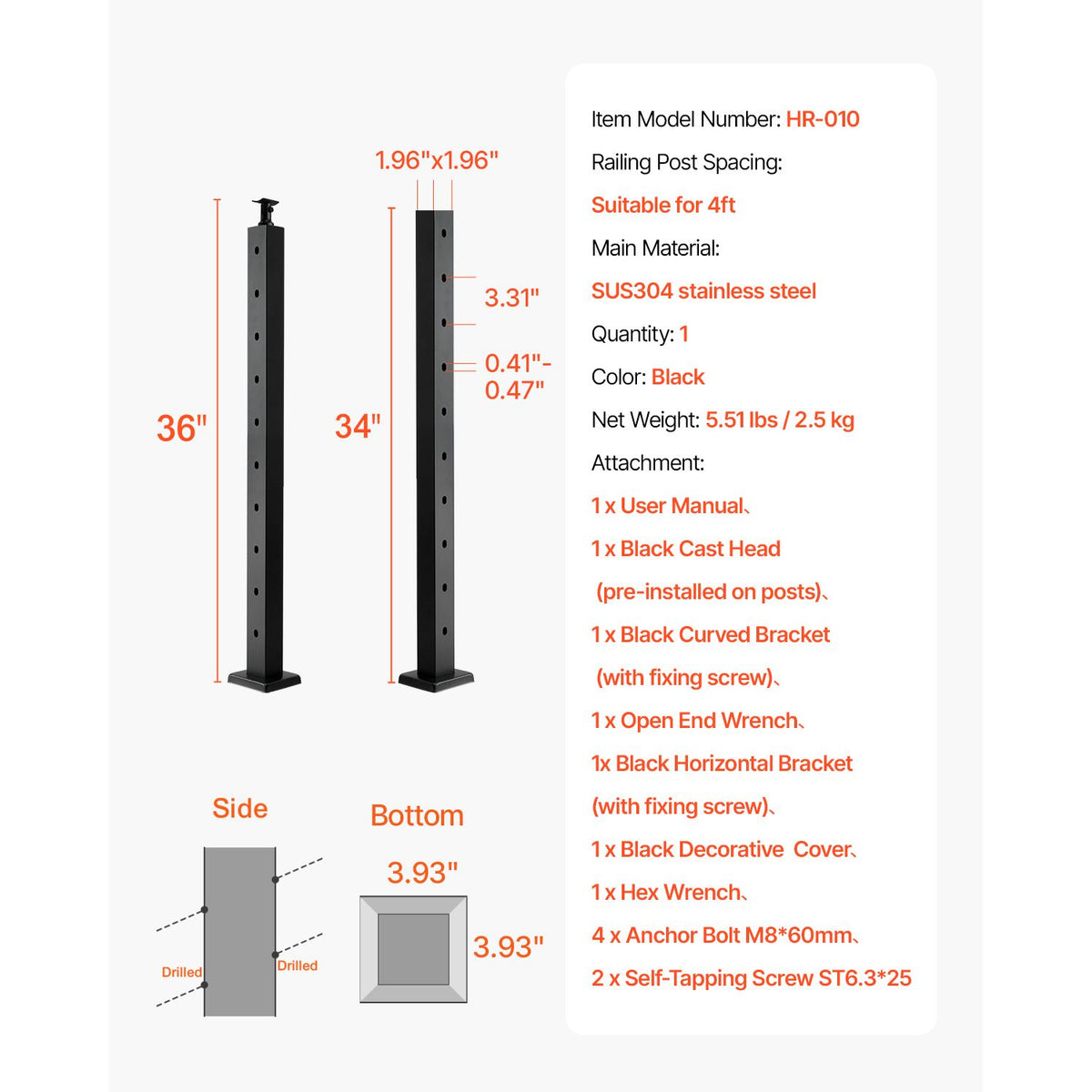 Cable Railing Post, 36x2x2 Inch Stair Railing Post, with Pre-Drilled 30° Angled Holes, Stainless Steel Cable Rail Post with Horizontal and Curved Bracket, 1-Pack, Black, 1JZLGZXHS914YIVIS001V0