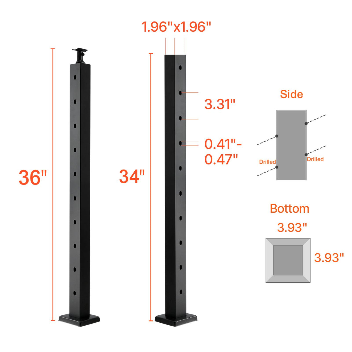 Cable Railing Post, 36x2x2 Inch Stair Railing Post, with Pre-Drilled 30° Angled Holes, Stainless Steel Cable Rail Post with Horizontal and Curved Bracket, 1-Pack, Black, 1JZLGZXHS914YIVIS001V0
