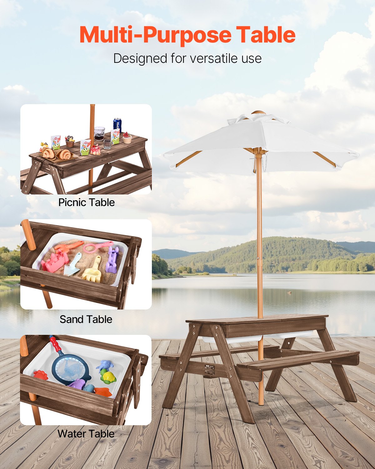 Outdoor Play Equipment: VEVOR Picnic Table Wooden Tables and Bench Set Umbrella Garden Indoor Outdoor