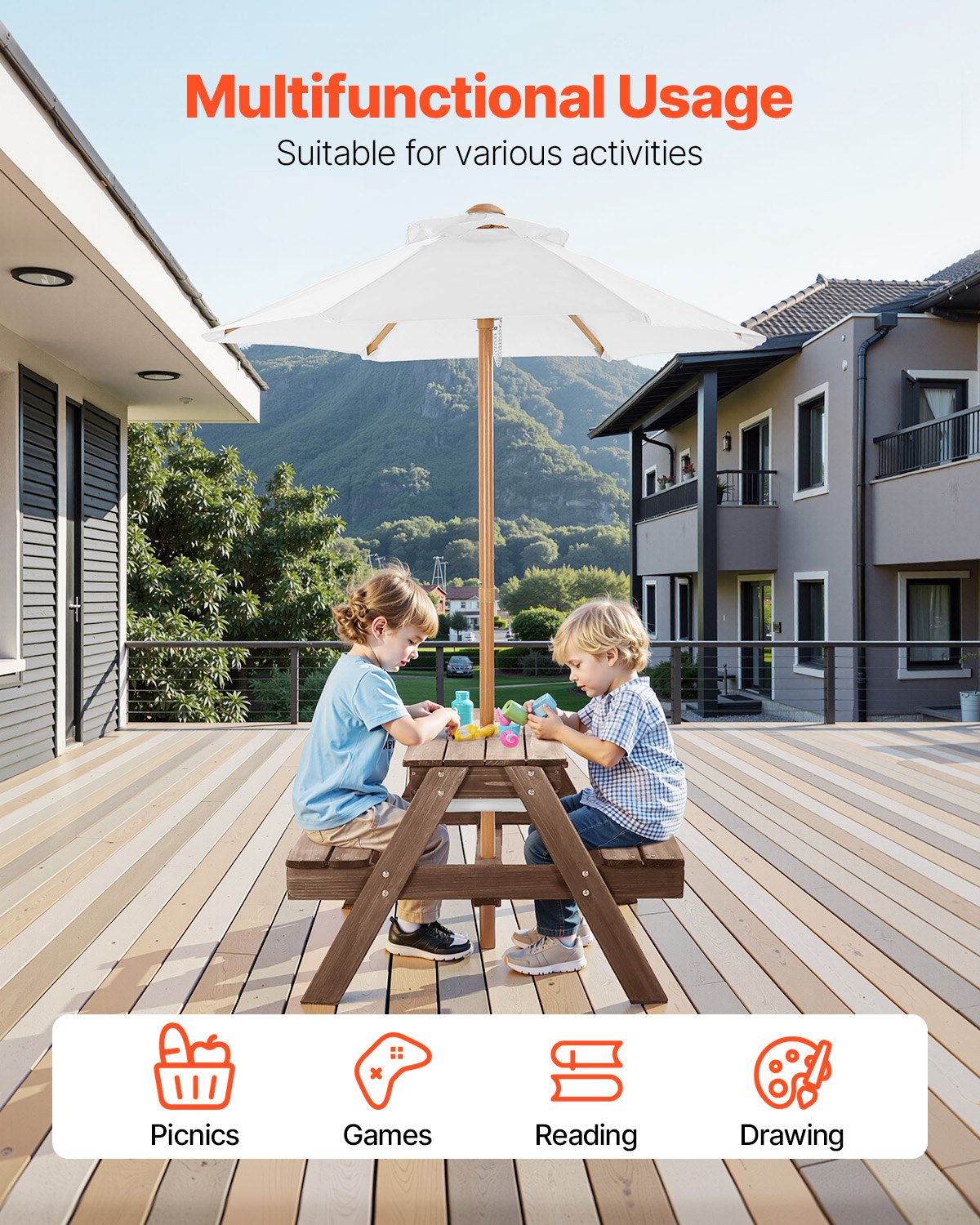 Outdoor Play Equipment: VEVOR Picnic Table Wooden Tables and Bench Set Umbrella Garden Indoor Outdoor