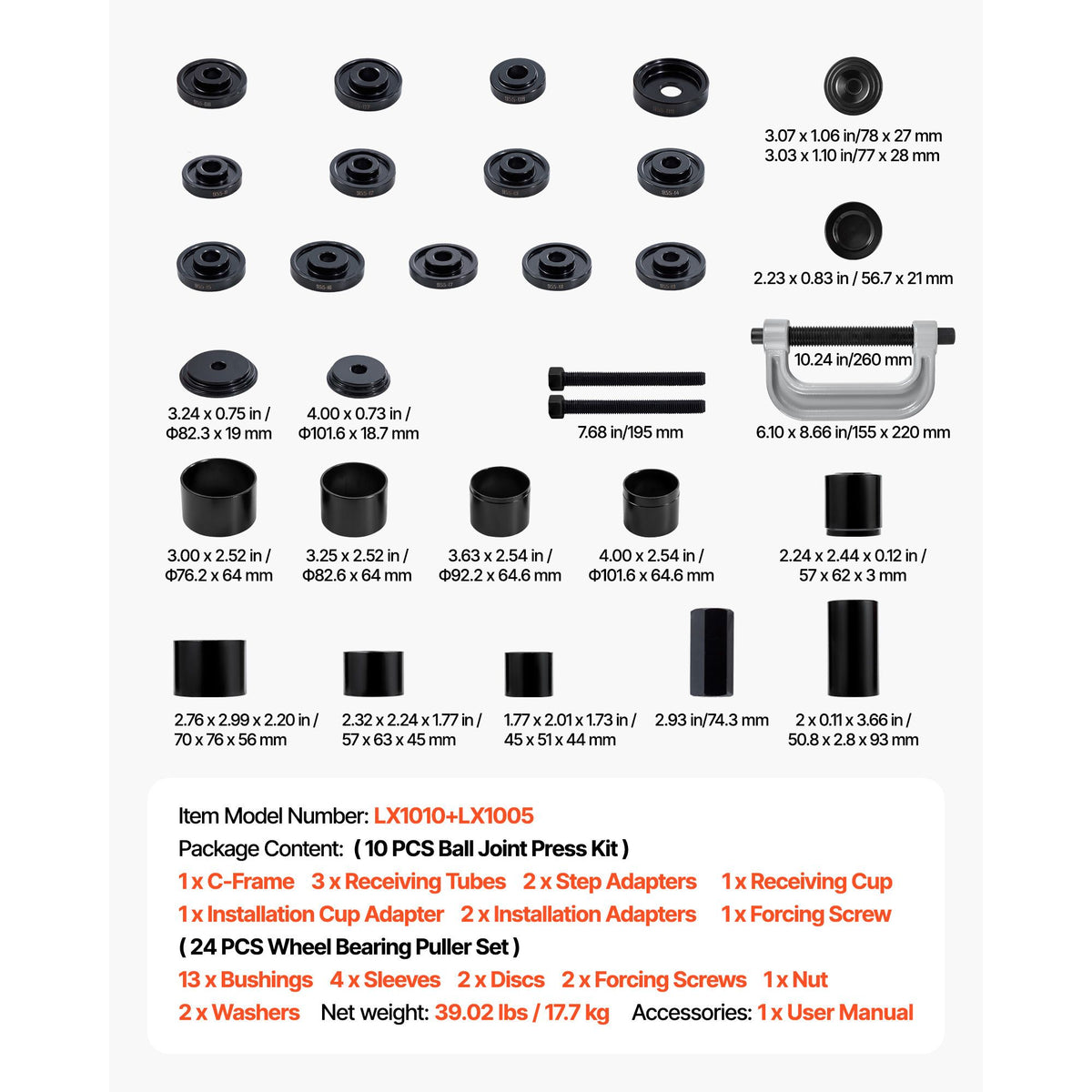 Bearing Press Kit, 10+24 Pcs, 2 in 1 Ball Joint Press & Wheel Bearing Puller Kit, Race and Seal Driver Set with 13 Bushings, C-Frame and Sleeves, Heavy Duty Removal Installation Set with Case
