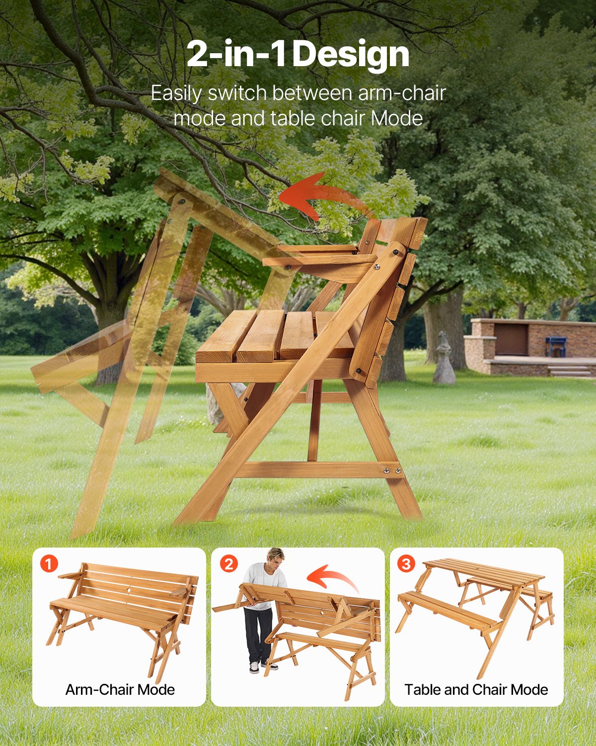 Outdoor Dining Sets: VEVOR 2-in-1 Transforming Interchangeable Picnic Table, Outdoor Wooden Table and Bench Set, Portable Foldable Bench with Umbrella Hole, Patio Dining Furniture for Garden, Backyard, Porch (Brown)