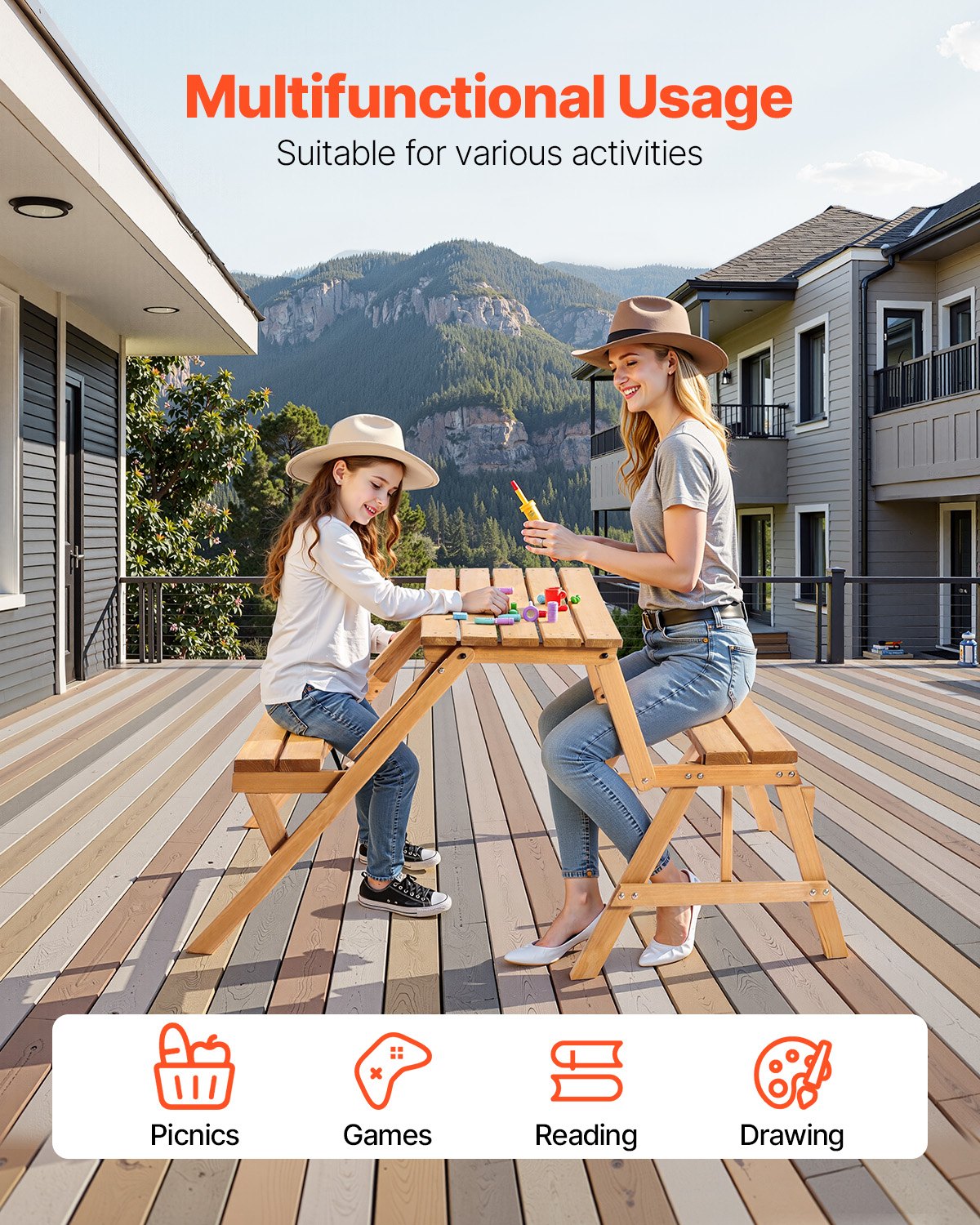 Outdoor Dining Sets: VEVOR 2-in-1 Transforming Interchangeable Picnic Table, Outdoor Wooden Table and Bench Set, Portable Foldable Bench with Umbrella Hole, Patio Dining Furniture for Garden, Backyard, Porch (Brown)