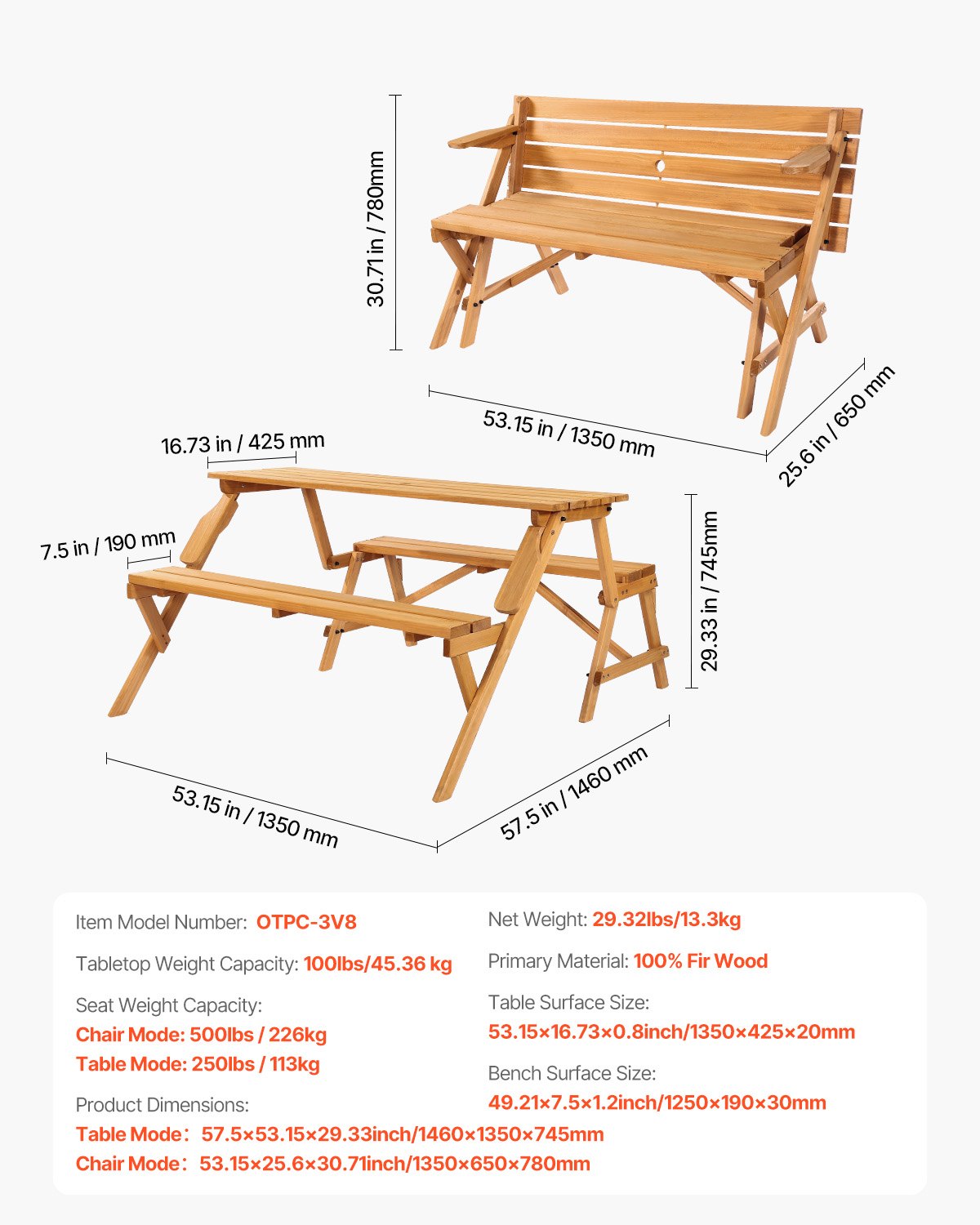 Outdoor Dining Sets: VEVOR 2-in-1 Transforming Interchangeable Picnic Table, Outdoor Wooden Table and Bench Set, Portable Foldable Bench with Umbrella Hole, Patio Dining Furniture for Garden, Backyard, Porch (Brown)