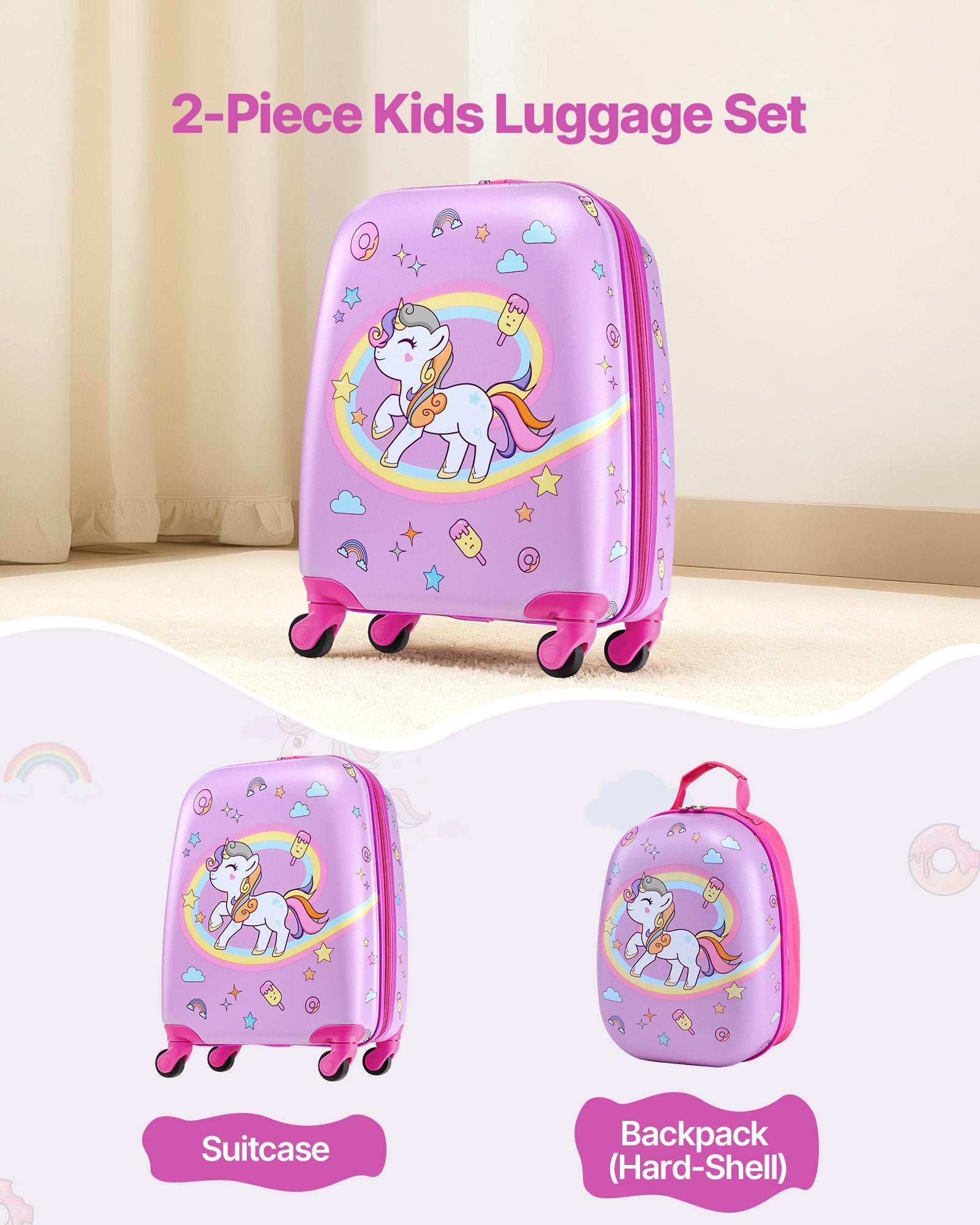Kids Luggage Set, 2 Piece, 45.7 cm Hardside Rolling Wheels Suitcase with Hard-Shell Backpack, Unicorn Kids Carry on Luggage Set, Holiday Birthday Present for Girls & Boys, Airline Approved