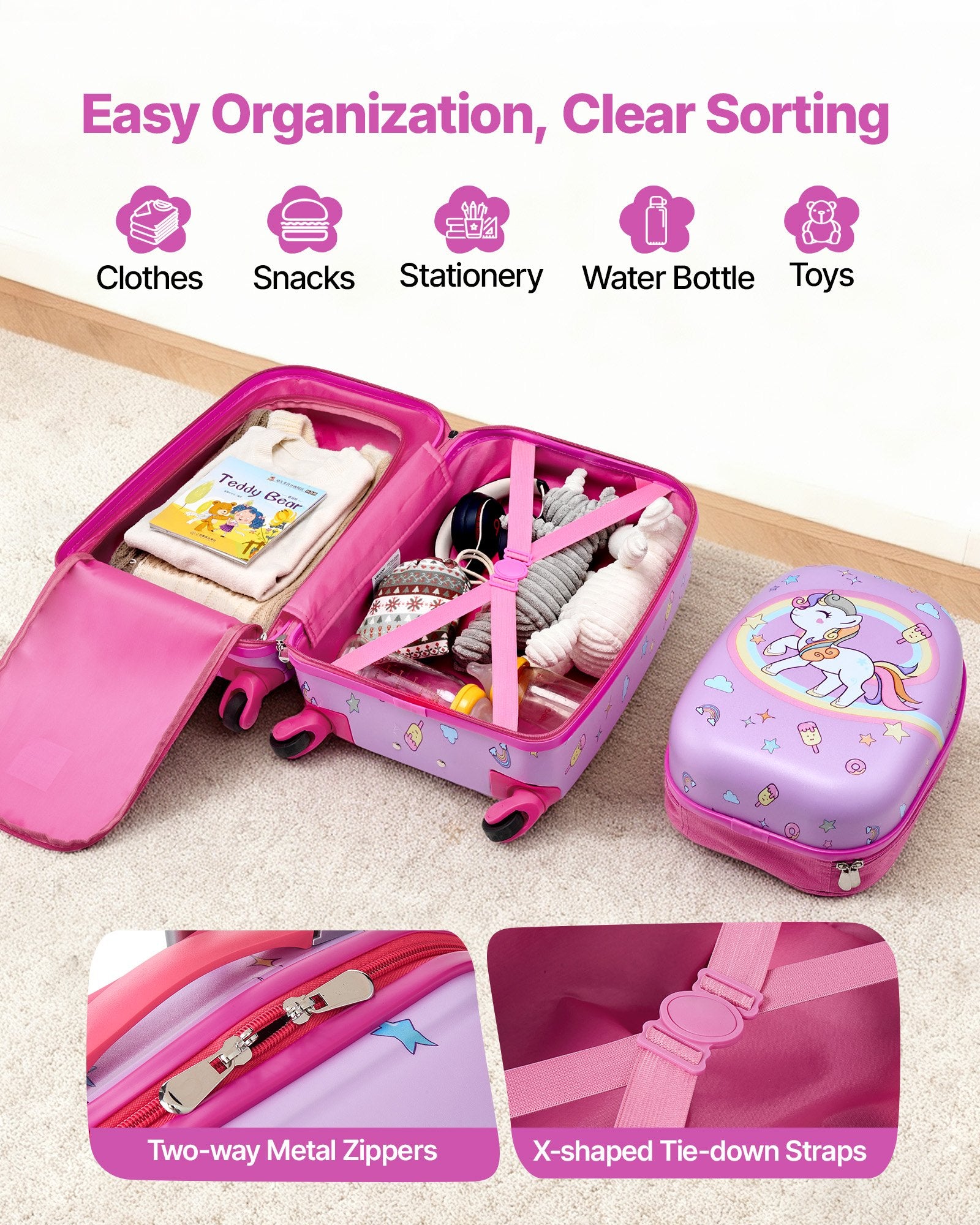 Kids Luggage Set, 2 Piece, 45.7 cm Hardside Rolling Wheels Suitcase with Hard-Shell Backpack, Unicorn Kids Carry on Luggage Set, Holiday Birthday Present for Girls & Boys, Airline Approved