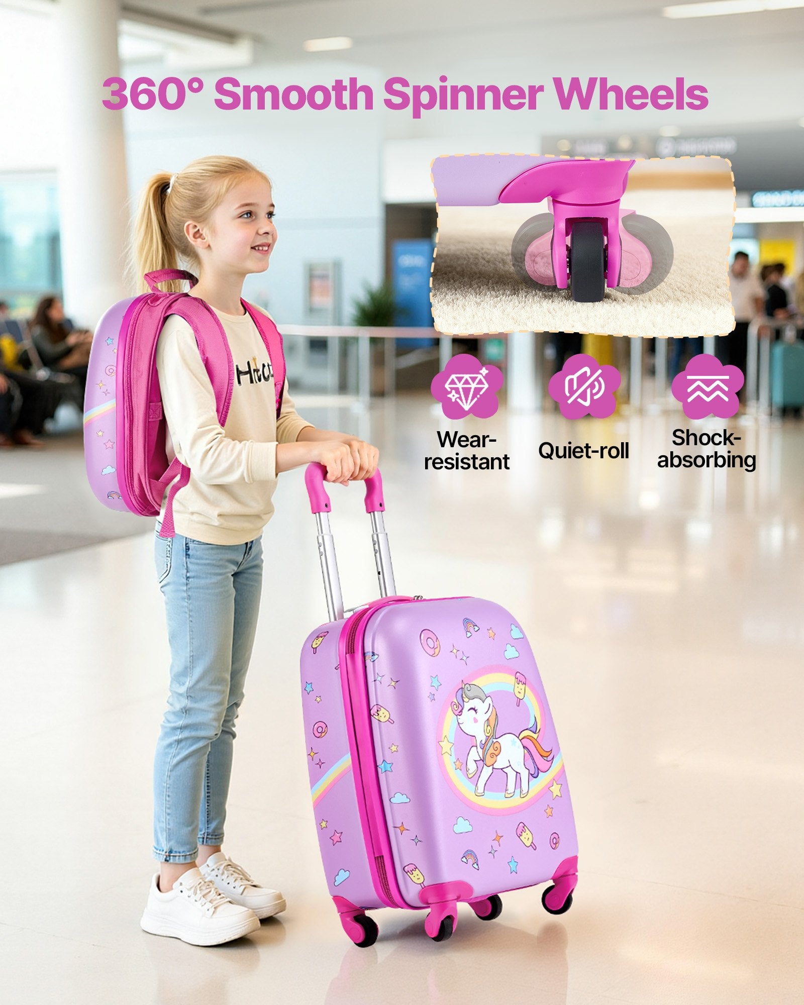 Kids Luggage Set, 2 Piece, 45.7 cm Hardside Rolling Wheels Suitcase with Hard-Shell Backpack, Unicorn Kids Carry on Luggage Set, Holiday Birthday Present for Girls & Boys, Airline Approved