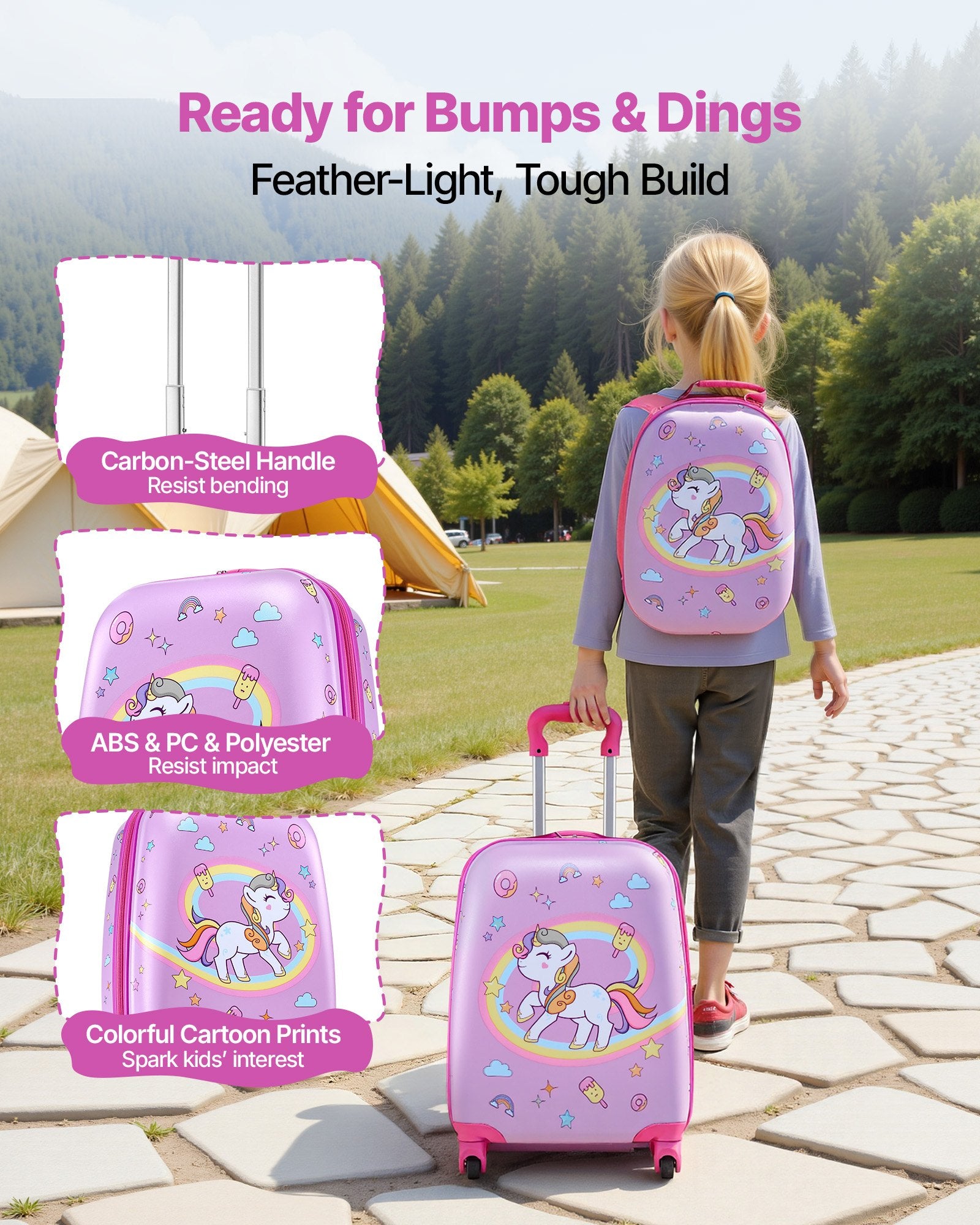 Kids Luggage Set, 2 Piece, 45.7 cm Hardside Rolling Wheels Suitcase with Hard-Shell Backpack, Unicorn Kids Carry on Luggage Set, Holiday Birthday Present for Girls & Boys, Airline Approved