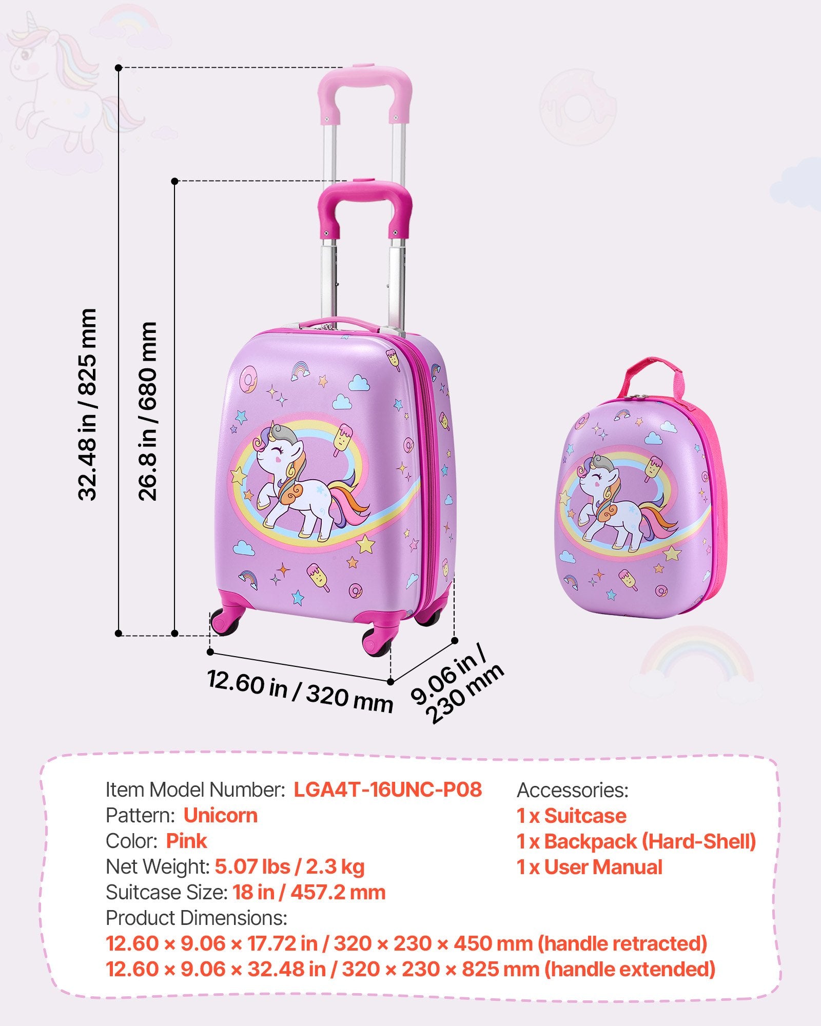 Kids Luggage Set, 2 Piece, 45.7 cm Hardside Rolling Wheels Suitcase with Hard-Shell Backpack, Unicorn Kids Carry on Luggage Set, Holiday Birthday Present for Girls & Boys, Airline Approved