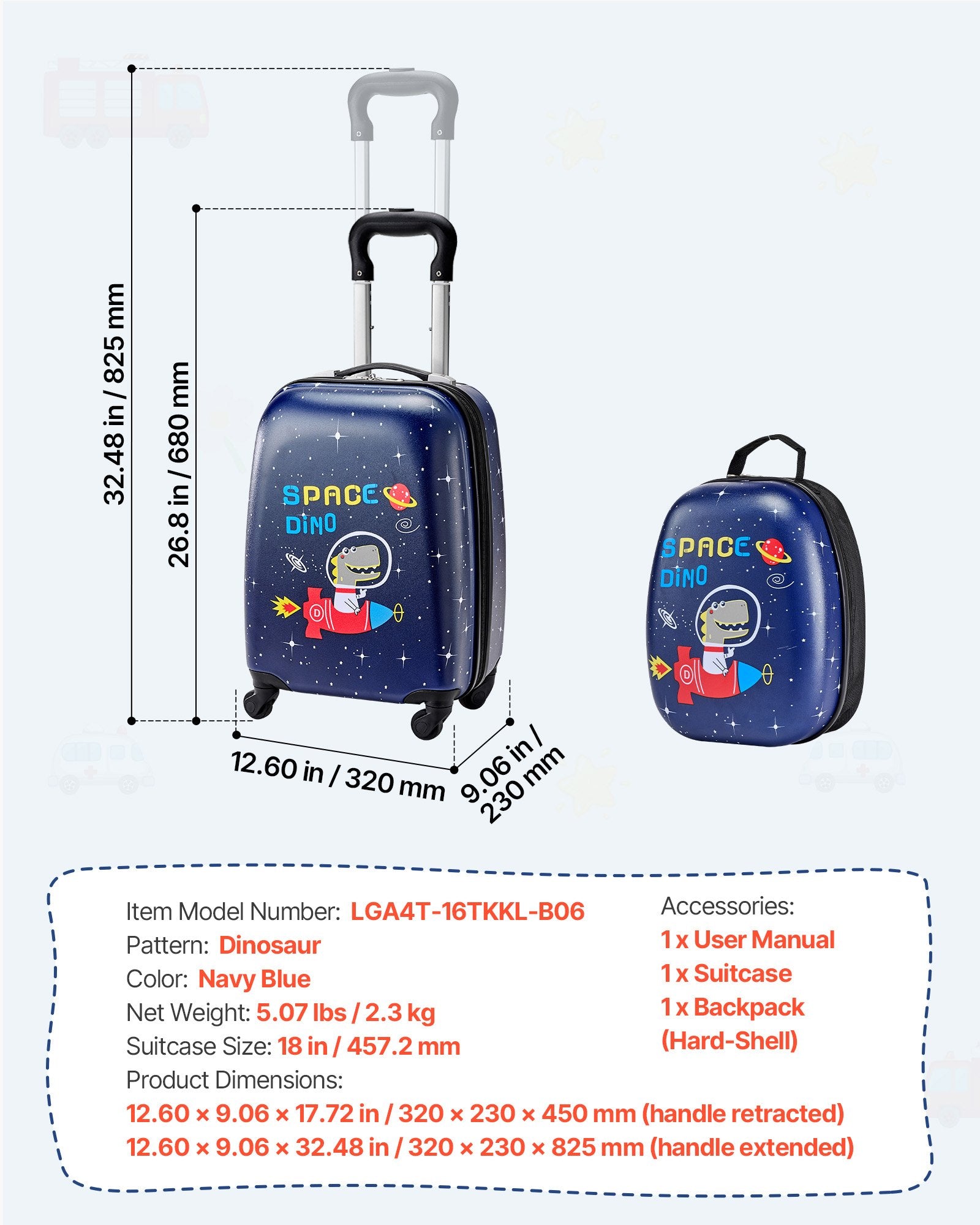 Mouse & Accessories: VEVOR Kids Luggage Set, 2 Piece, 45.7 cm Hardside Rolling Wheels Suitcase with Hard-Shell Backpack, Dinosaur Kids Carry on Luggage Set, Holiday Birthday Present for Girls & Boys, Airline Approved