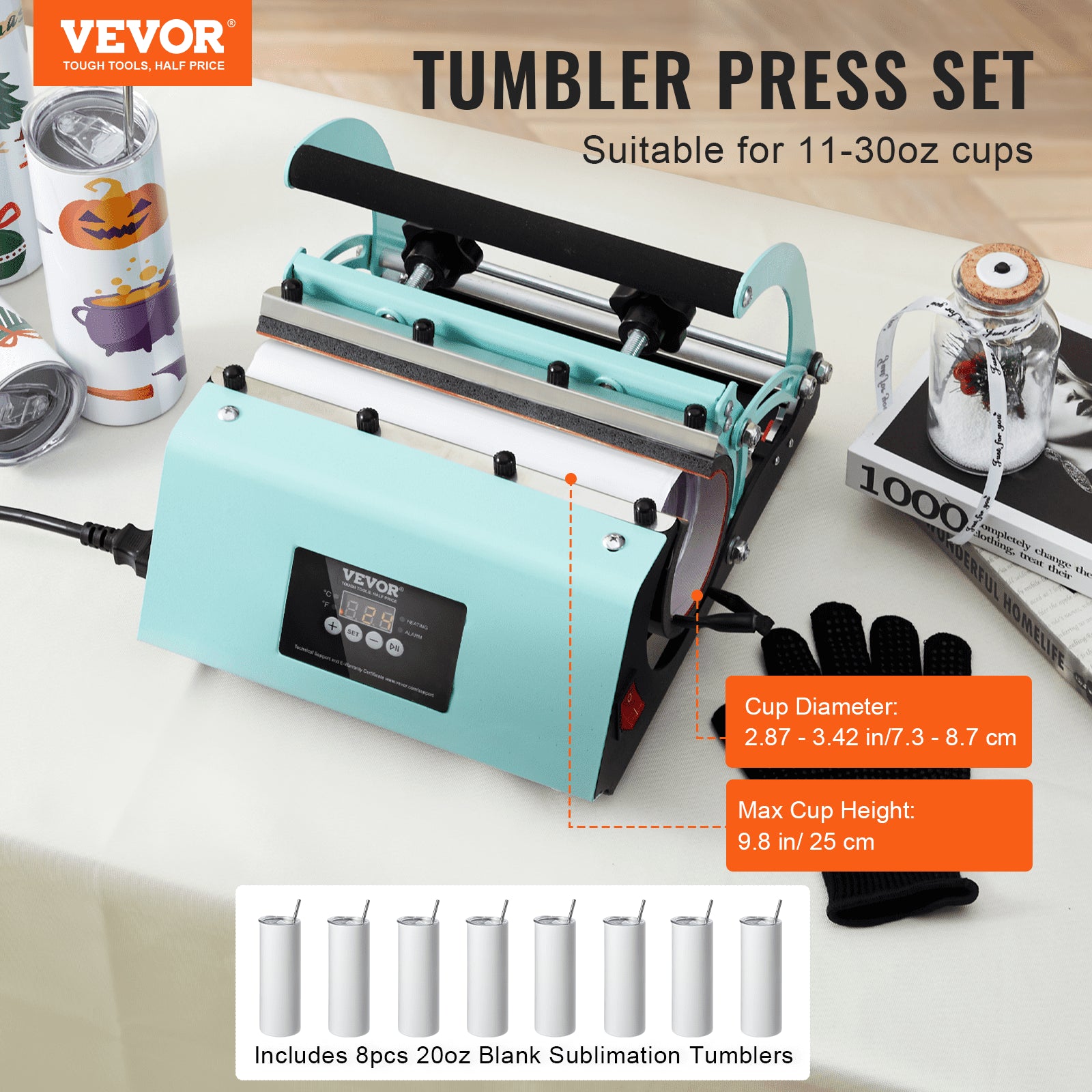 Kitchen Utensils: VEVOR Tumbler Heat Press Machine and Sublimation Tumblers, Tumbler Press Set with 8pcs 20OZ Blank Tumblers, Mug Press Cup Press for 11-30oz Tumblers Mug, with Heat Transfer Paper, Gloves, Tape