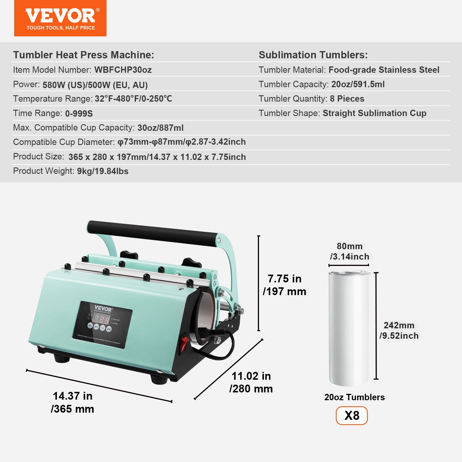 Kitchen Utensils: VEVOR Tumbler Heat Press Machine and Sublimation Tumblers, Tumbler Press Set with 8pcs 20OZ Blank Tumblers, Mug Press Cup Press for 11-30oz Tumblers Mug, with Heat Transfer Paper, Gloves, Tape