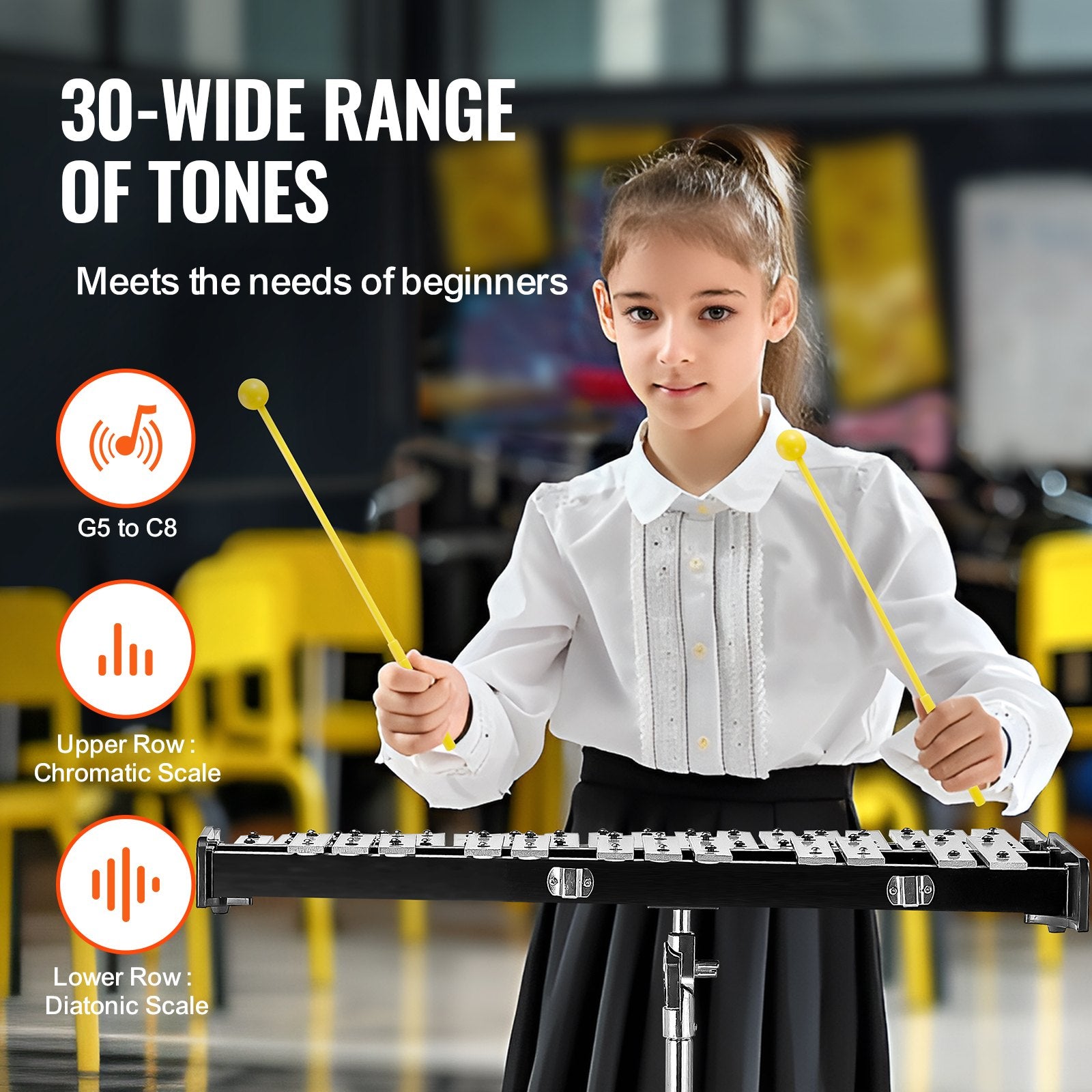 Drums: VEVOR 30 Note Glockenspiel Xylophone Bell Kit, Professional Percussion Instrument Set with Mallets, Drum Sticks, Music Stand,  8" Practice Pad, Adjustable Stand and Carrying Bag for Students & Adults