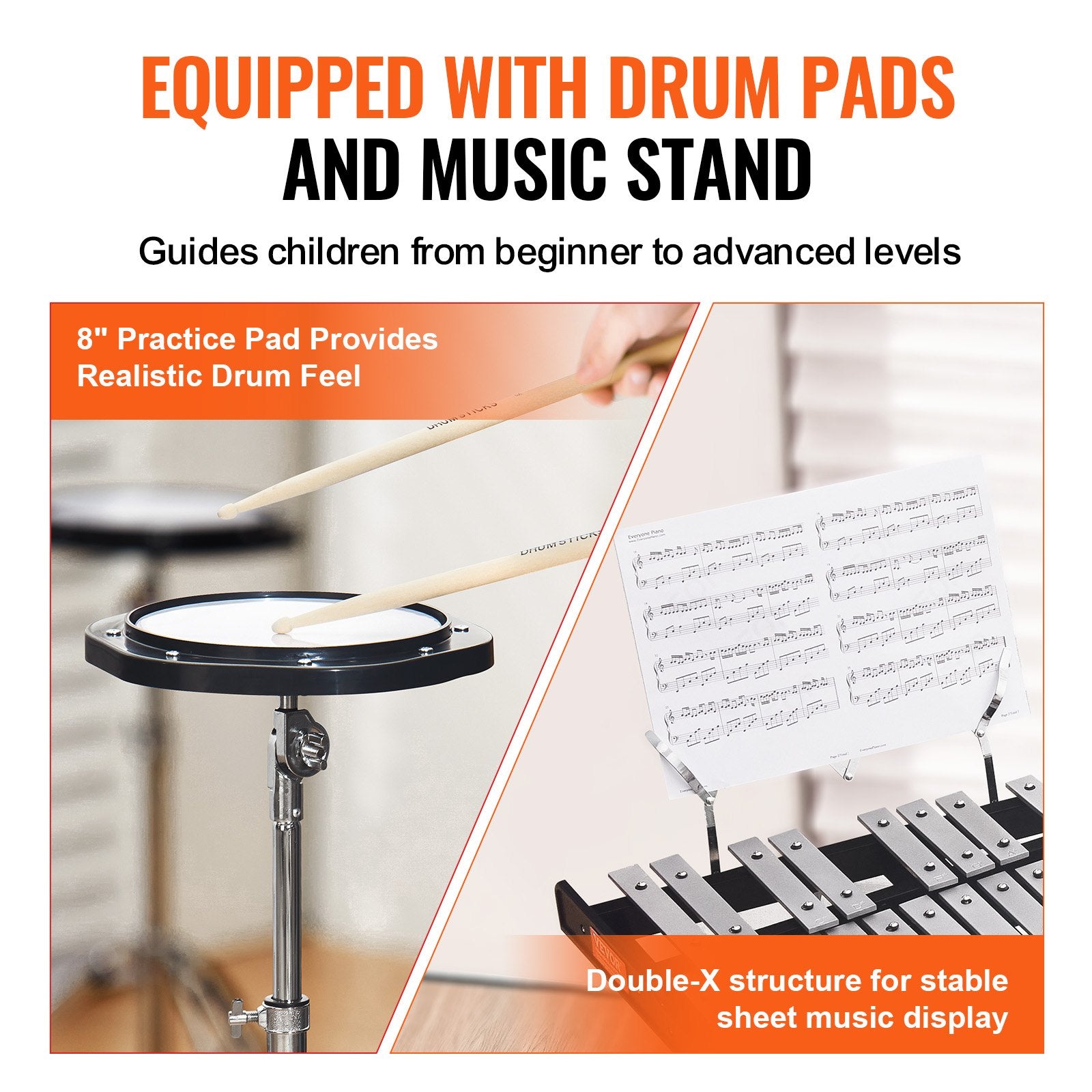 Drums: VEVOR 30 Note Glockenspiel Xylophone Bell Kit, Professional Percussion Instrument Set with Mallets, Drum Sticks, Music Stand,  8" Practice Pad, Adjustable Stand and Carrying Bag for Students & Adults