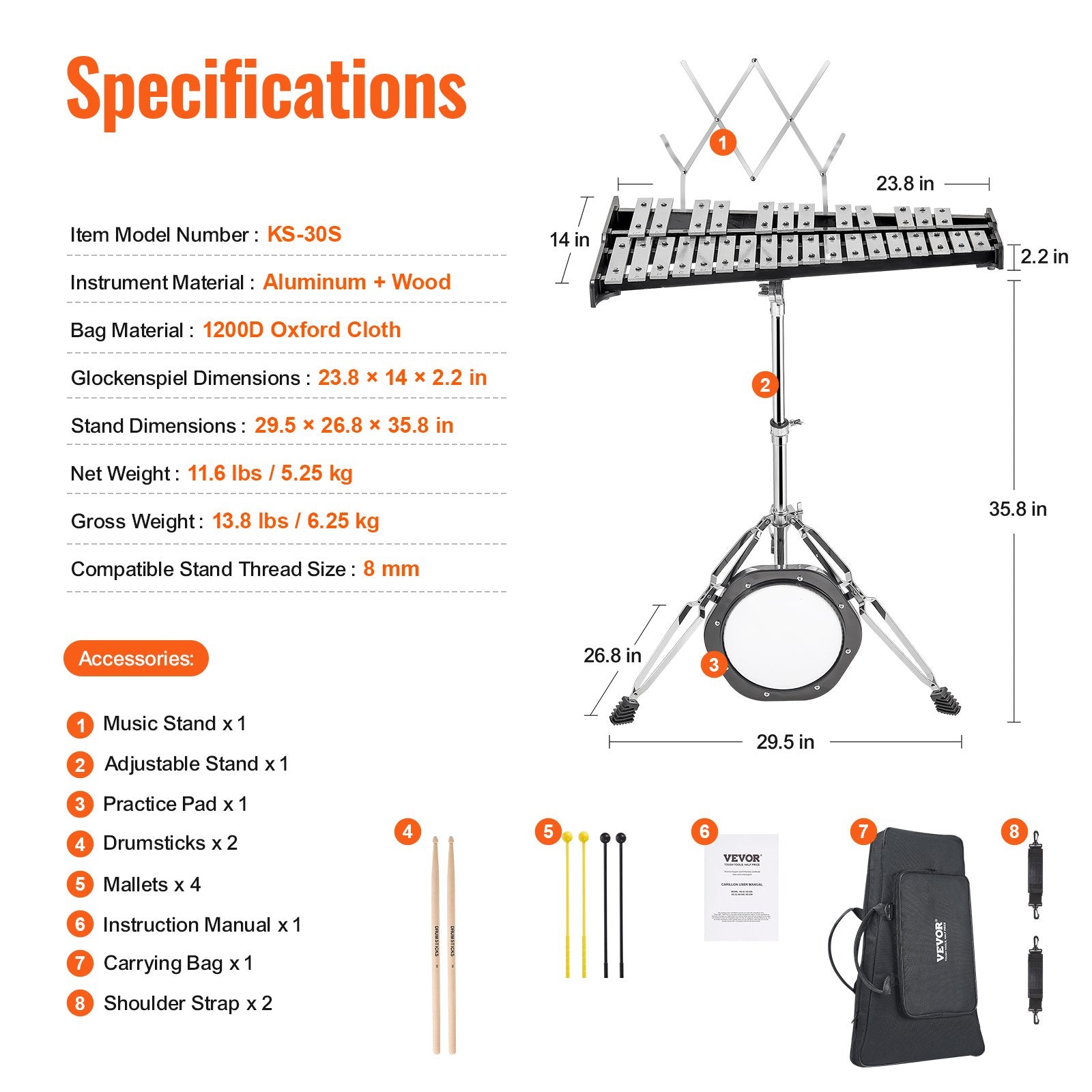 Drums: VEVOR 30 Note Glockenspiel Xylophone Bell Kit, Professional Percussion Instrument Set with Mallets, Drum Sticks, Music Stand,  8" Practice Pad, Adjustable Stand and Carrying Bag for Students & Adults
