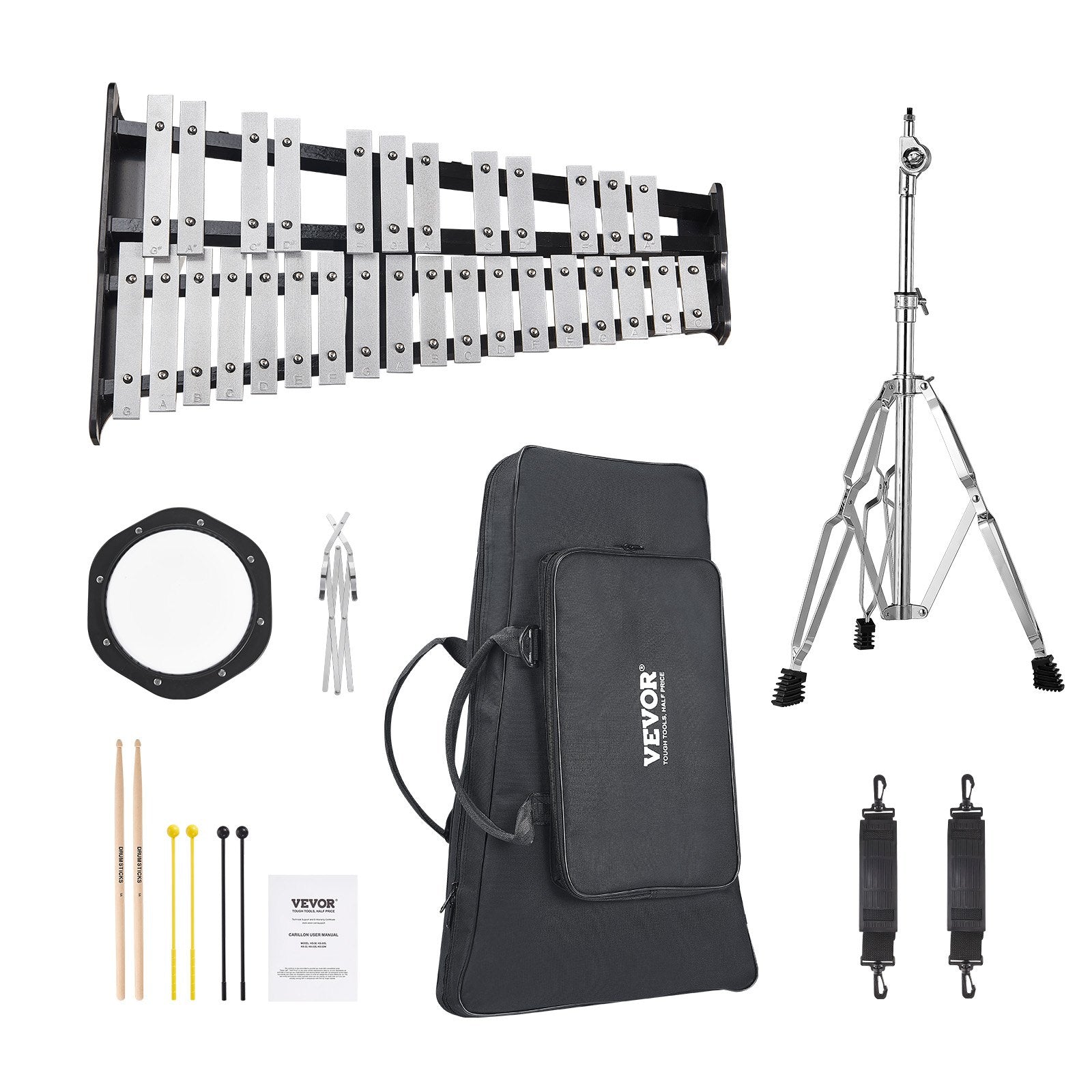 Drums: VEVOR 30 Note Glockenspiel Xylophone Bell Kit, Professional Percussion Instrument Set with Mallets, Drum Sticks, Music Stand,  8" Practice Pad, Adjustable Stand and Carrying Bag for Students & Adults