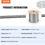Automotive Repair & Speciality Tools: VEVOR 1/8 Stainless Steel Cable Railing 500ft, Wire Rope 316 Marine Grade, Braided Aircraft Cable 7x7 Strands Construction for Deck Rail Balusters Stair Handrail Porch Fence