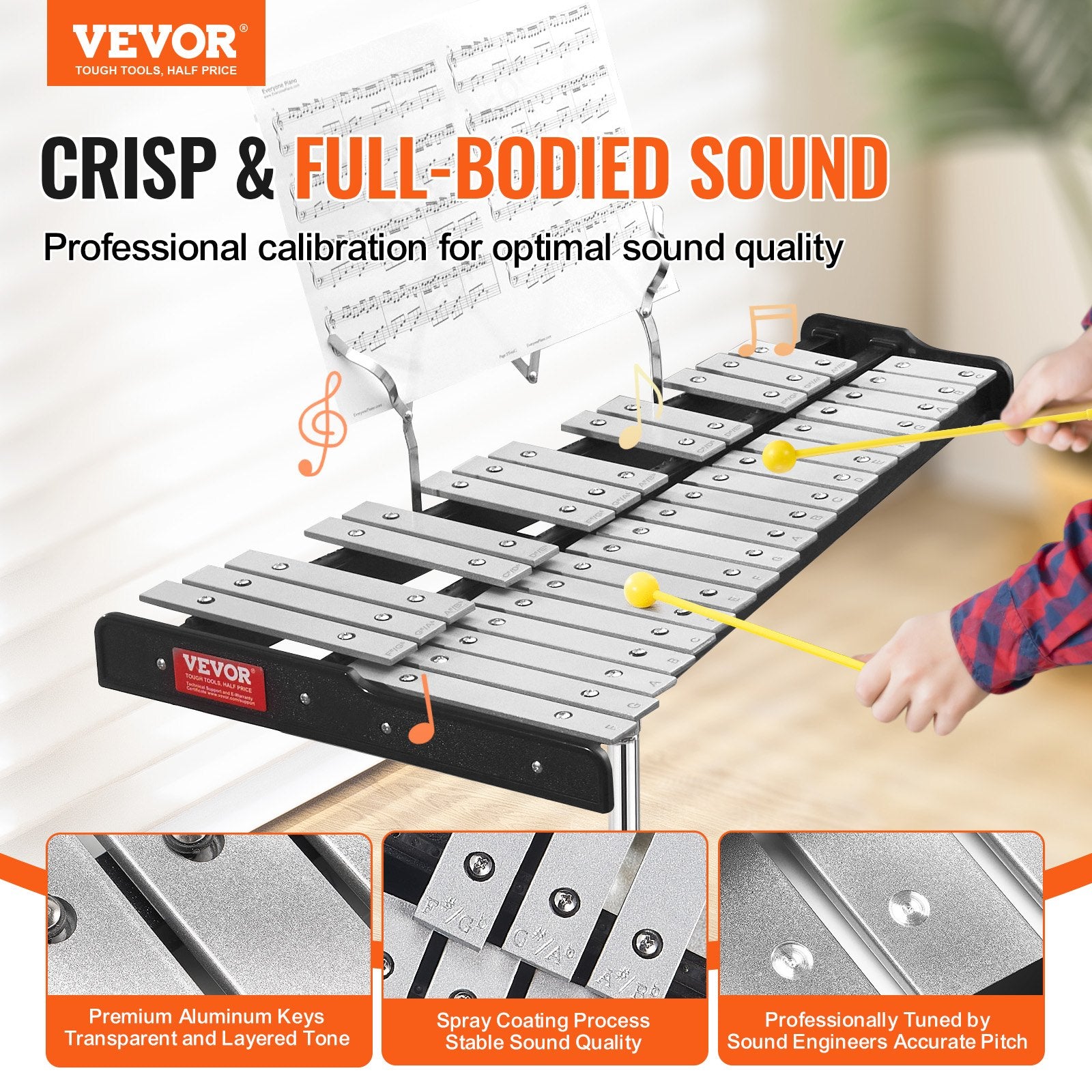Drums: VEVOR 32 Note Glockenspiel Xylophone Bell Kit, Professional Percussion Instrument Set with Mallets, Drum Sticks, Music Stand,  8" Practice Pad, Adjustable Stand and Carrying Bag for Students & Adults