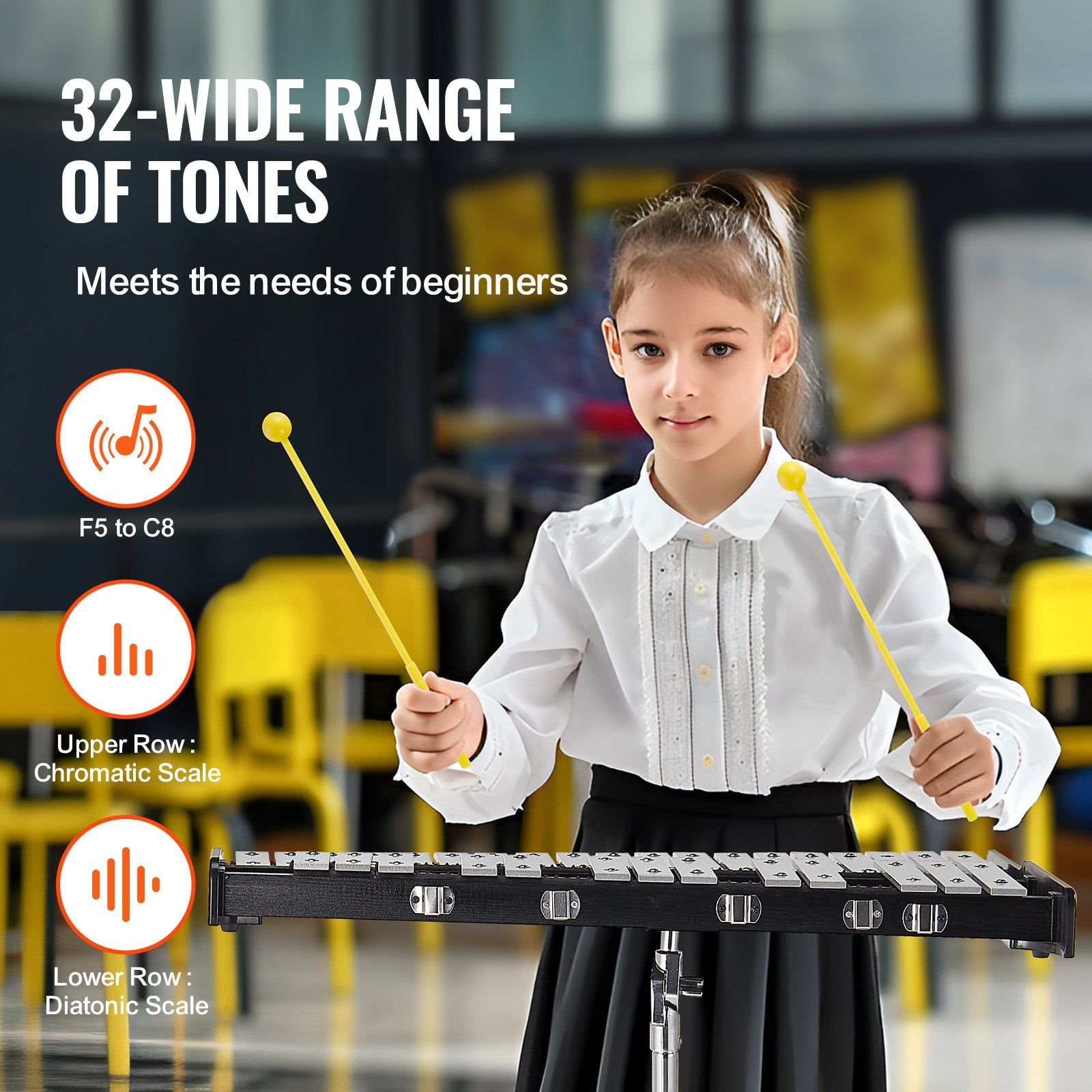 Drums: VEVOR 32 Note Glockenspiel Xylophone Bell Kit, Professional Percussion Instrument Set with Mallets, Drum Sticks, Music Stand,  8" Practice Pad, Adjustable Stand and Carrying Bag for Students & Adults