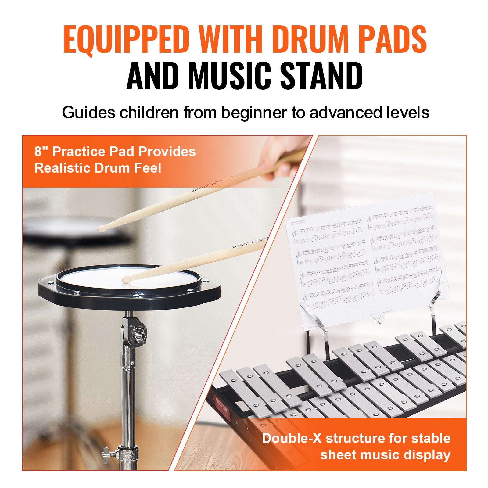Drums: VEVOR 32 Note Glockenspiel Xylophone Bell Kit, Professional Percussion Instrument Set with Mallets, Drum Sticks, Music Stand,  8" Practice Pad, Adjustable Stand and Carrying Bag for Students & Adults